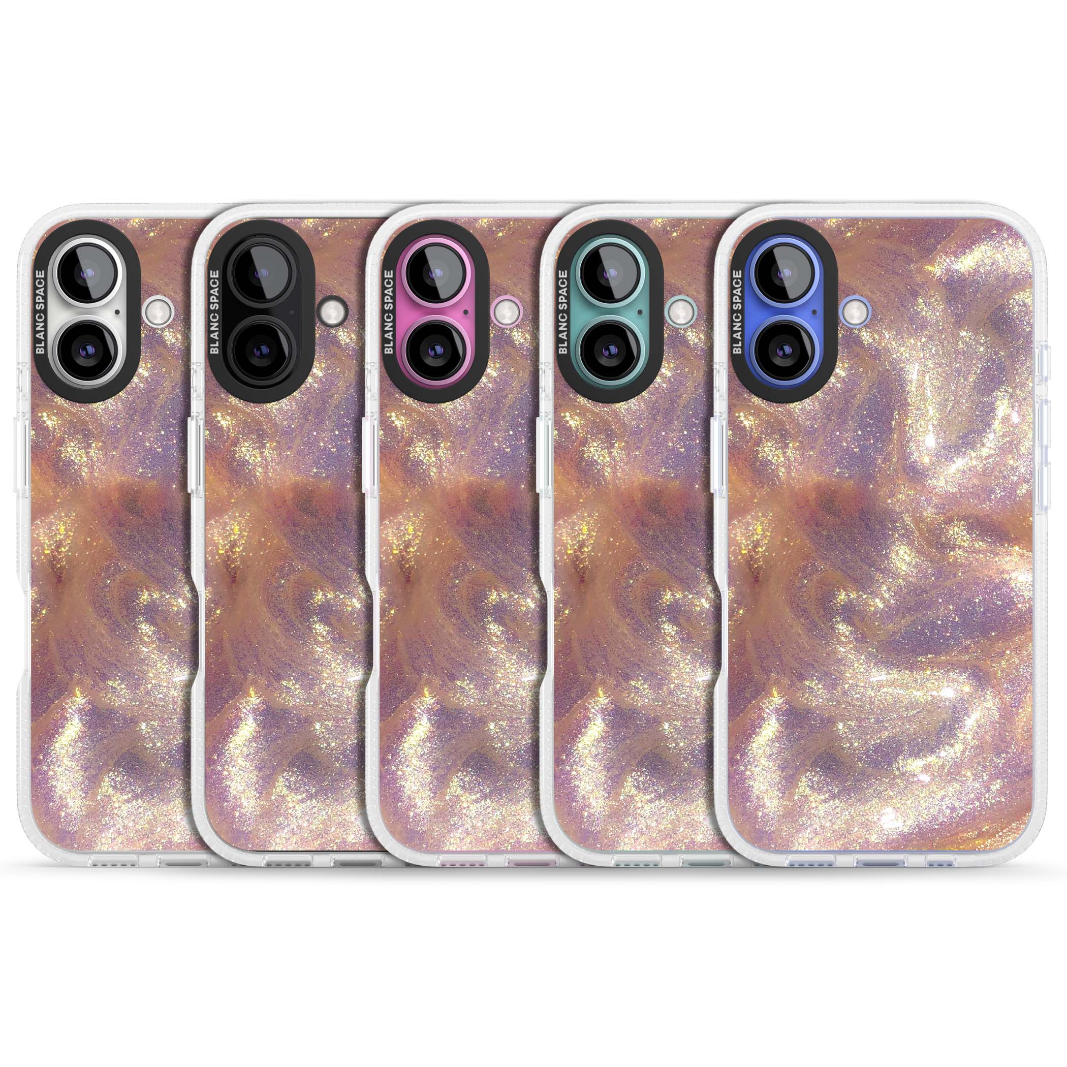Shimmer marble iPhone case featuring rose gold glitter swirls, lilac shimmer and iridescent pearl finish | Clear Case Impact Air case for iPhone 16, iPhone 16 Plus