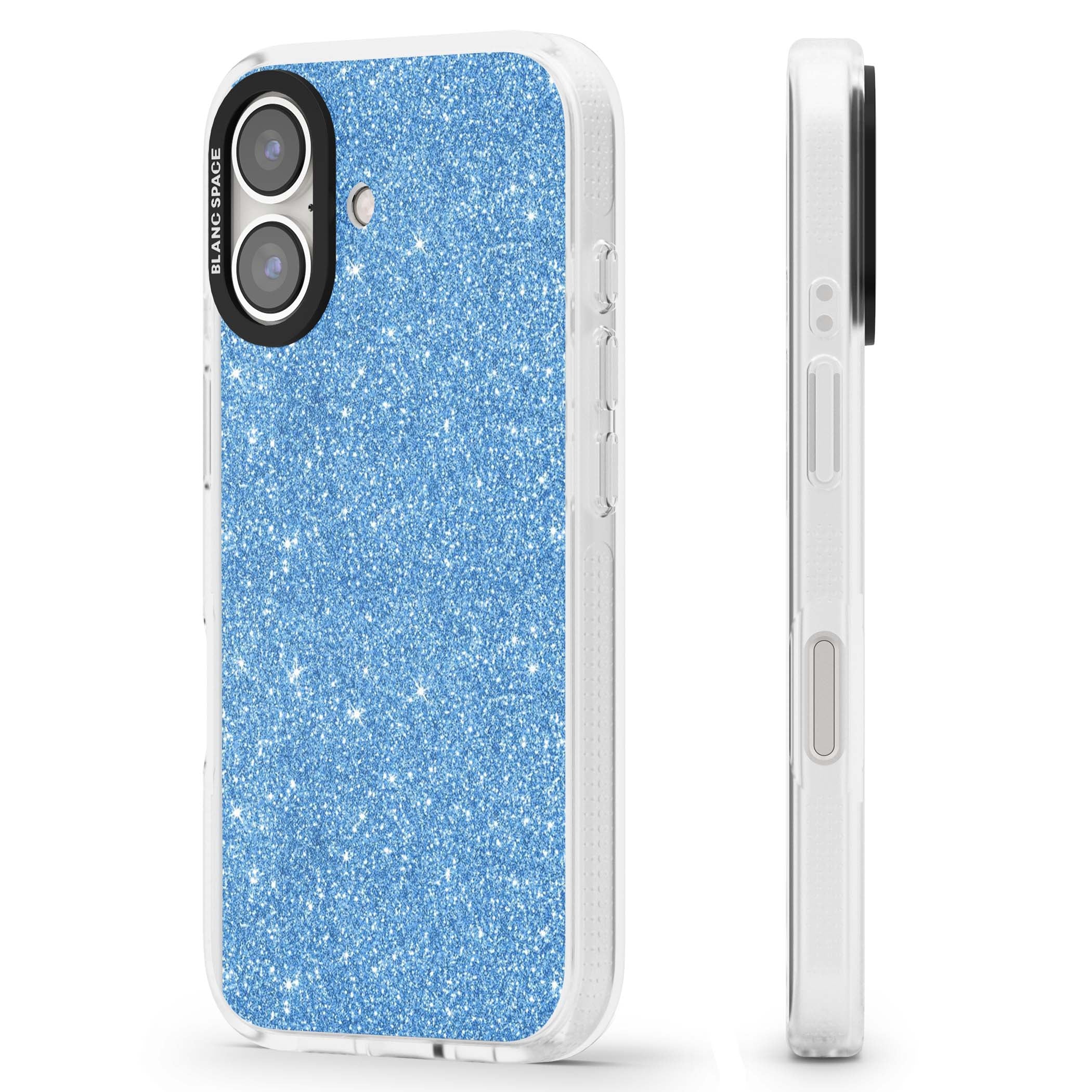 Blue Glitter blue glitter iPhone case featuring dense sparkling cerulean glitter with a glamorous shimmering finish | Clear Case Impact Air case for iPhone 16, iPhone 16 Plus