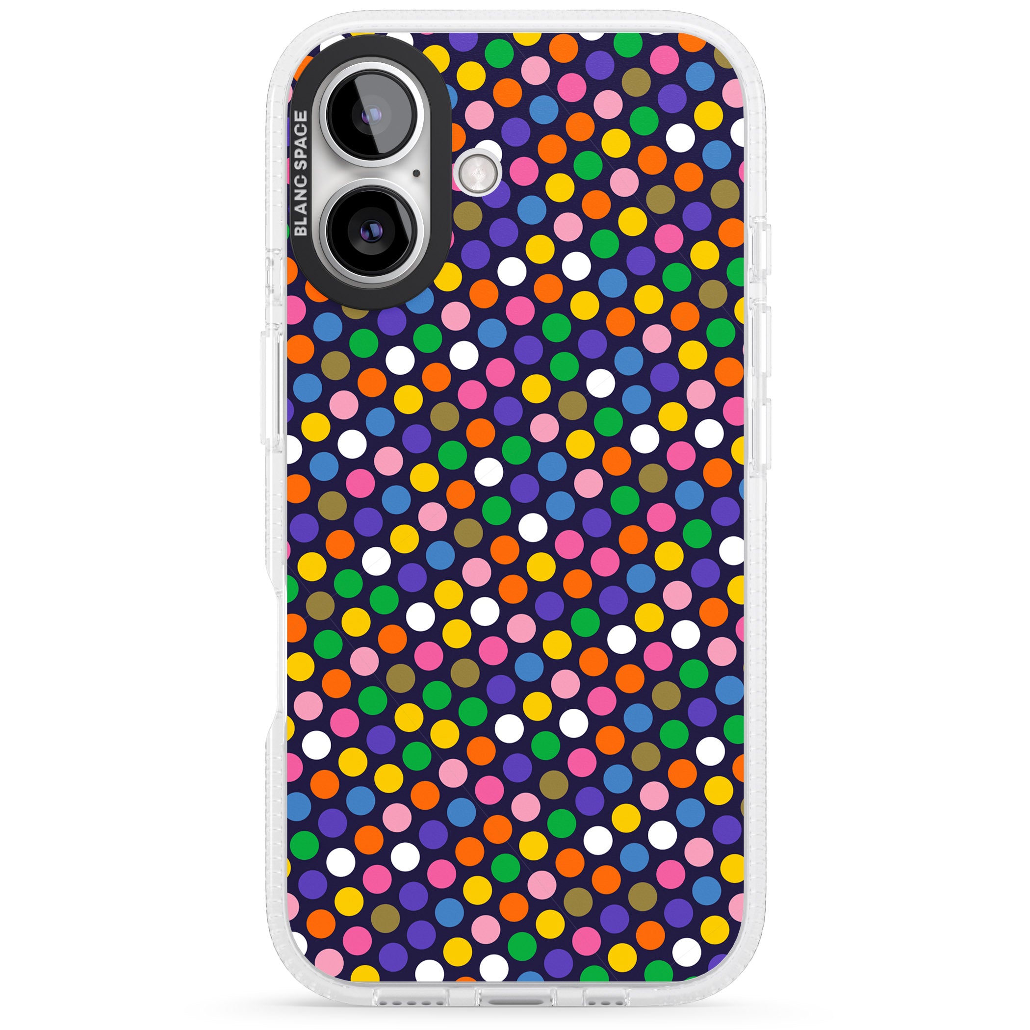 Multicolour Polka-dot Fiesta (Purple) iPhone 16 / 16 Plus Clear Case Impact Air - Blanc Space