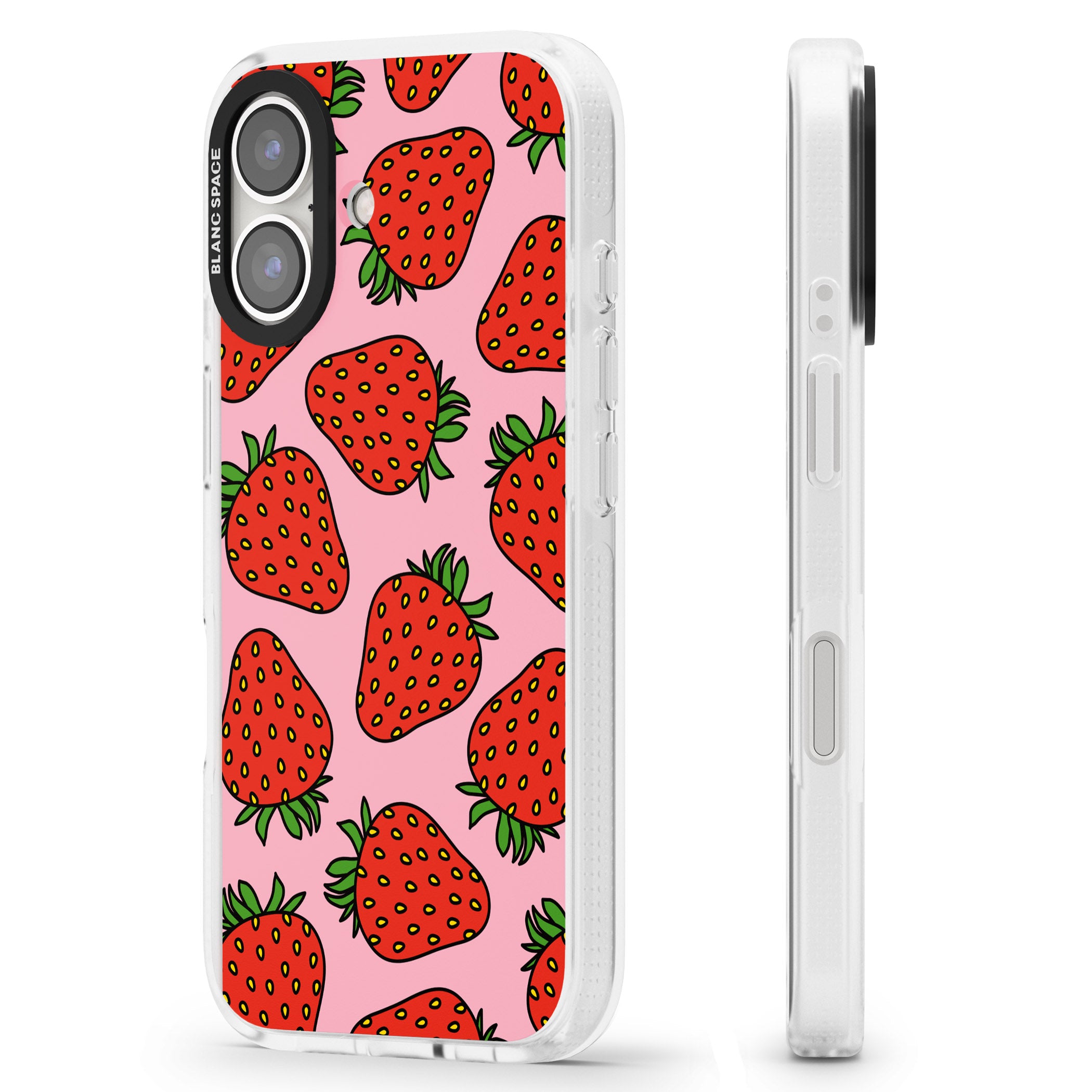 Strawberry Pattern (Pink) iPhone 16 / 16 Plus Clear Case Impact Air - Blanc Space