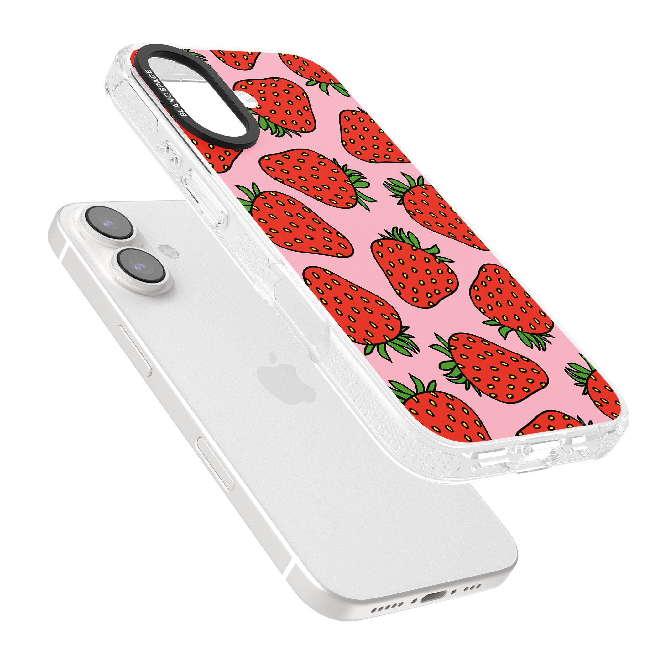 Strawberry Pattern (Pink) iPhone 16 / 16 Plus Clear Case Impact Air - Blanc Space