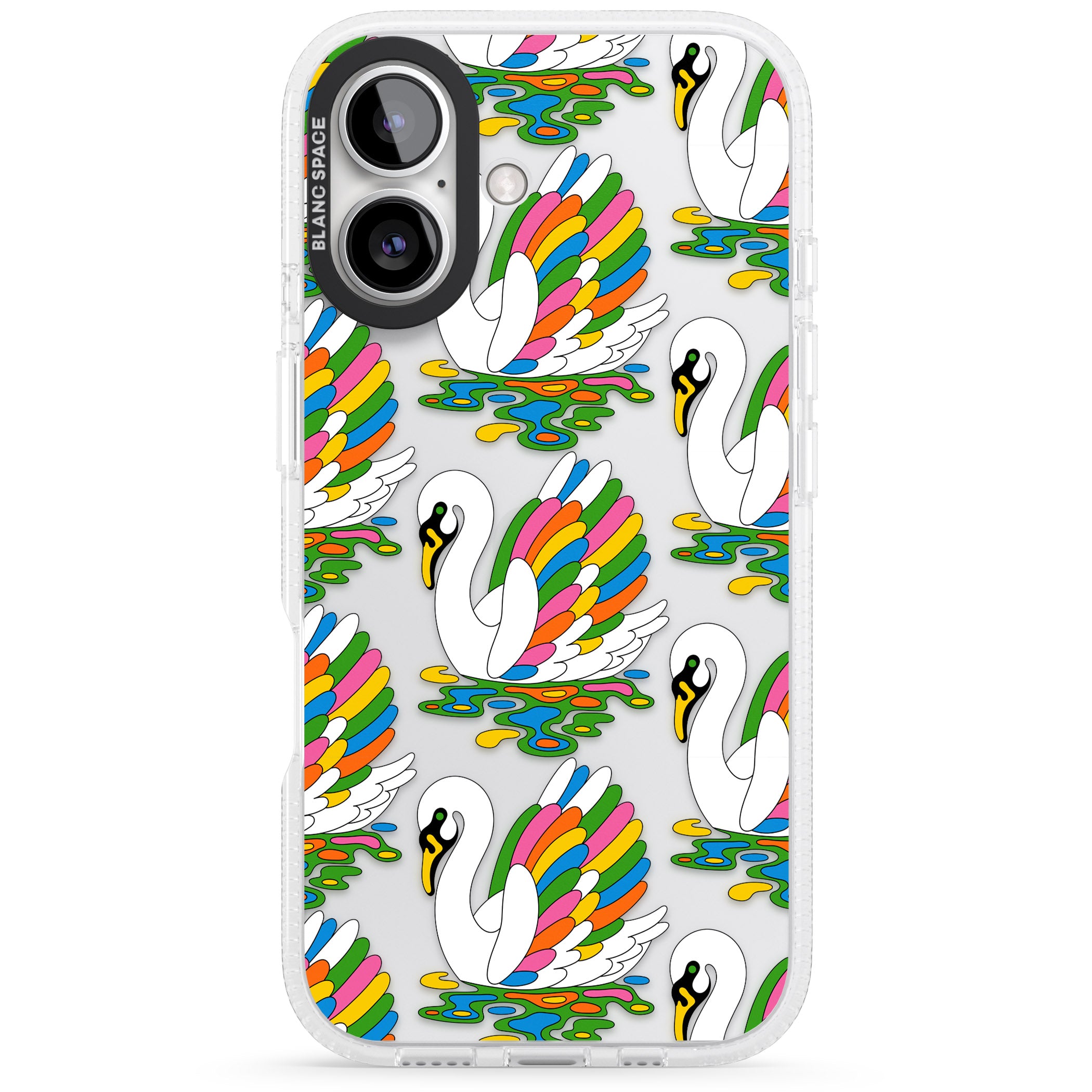 Colourful Swan Pattern iPhone 16 / 16 Plus Clear Case Impact Air - Blanc Space