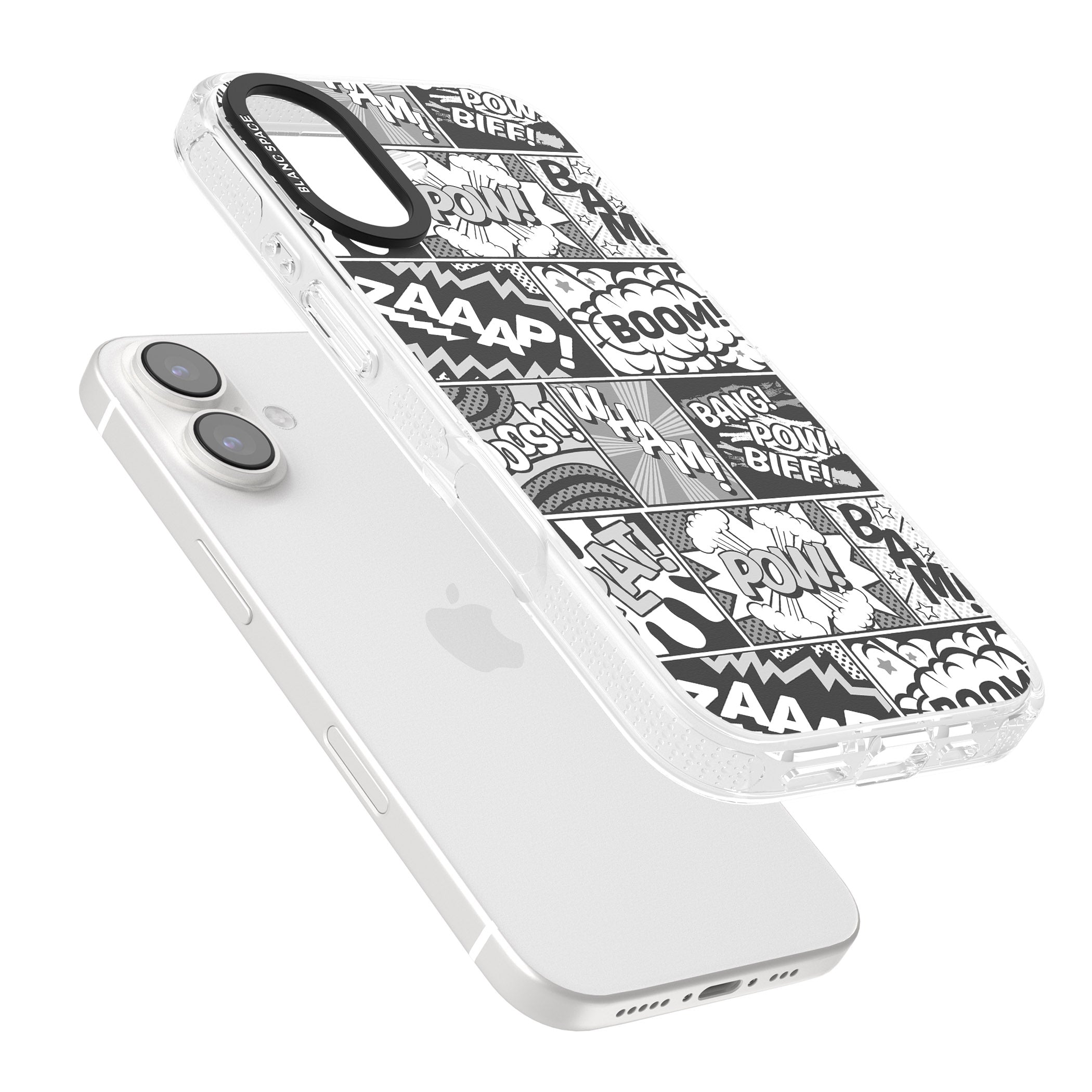 Onomatopoeia (Black & White) iPhone 16 / 16 Plus Clear Case Impact Air - Blanc Space