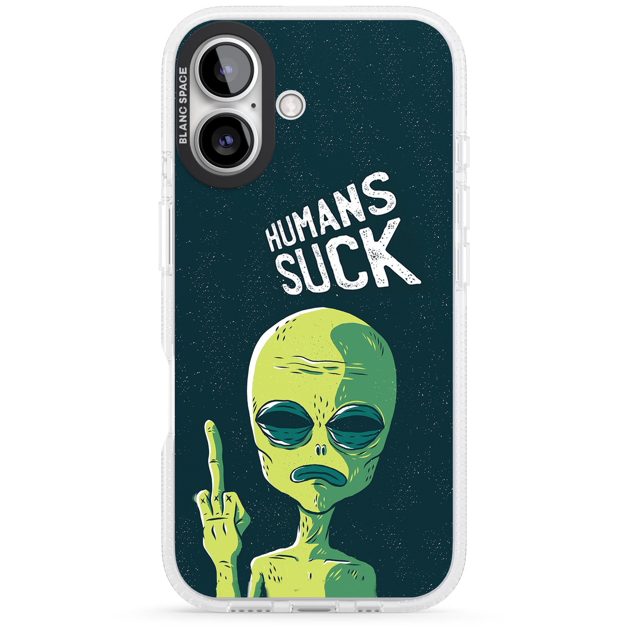 Humans Suck Alien iPhone 16 / 16 Plus Clear Case Impact Air - Blanc Space