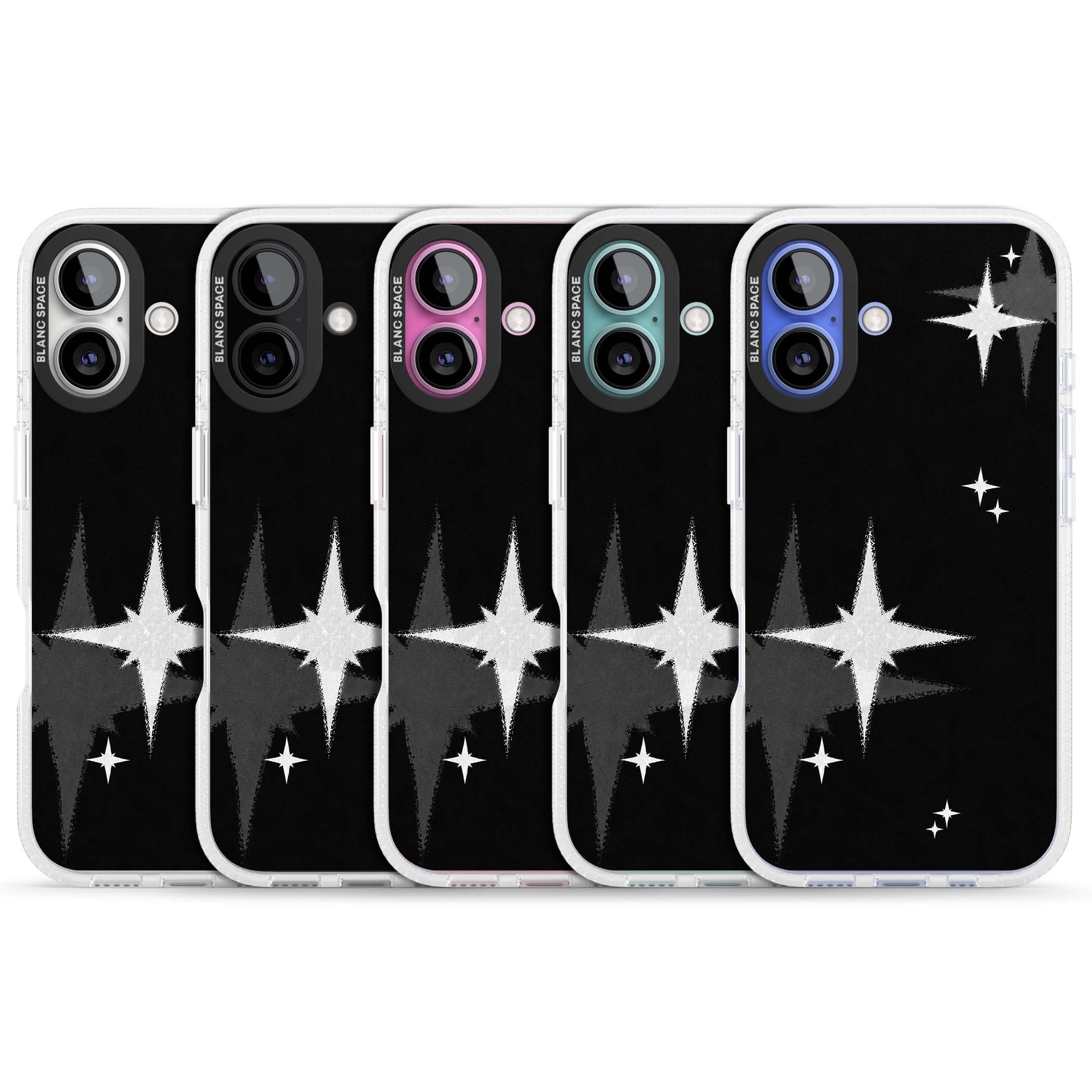 Black Sparkle celestial iPhone case featuring white sparkle stars on a black night sky background | Clear Case Impact Air case for iPhone 16, iPhone 16 Plus