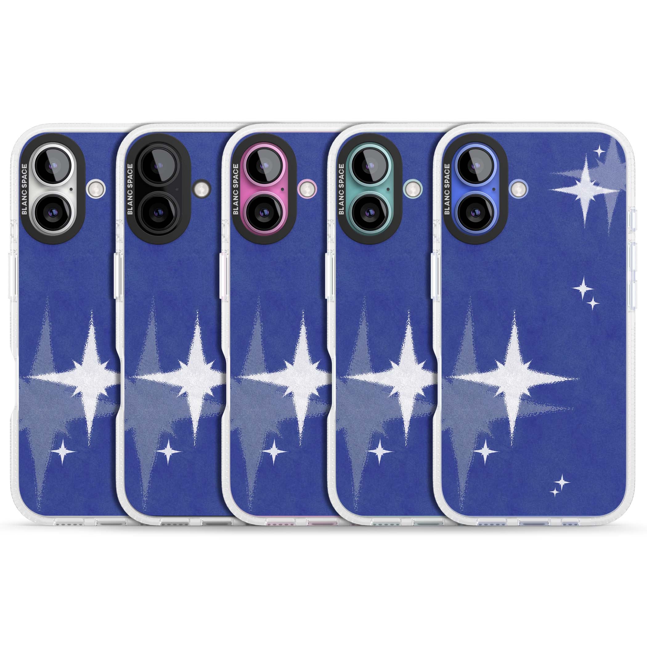 Blue Sparkle celestial iPhone case featuring sparkling silver stars on a deep blue painterly night sky | Clear Case Impact Air case for iPhone 16, iPhone 16 Plus