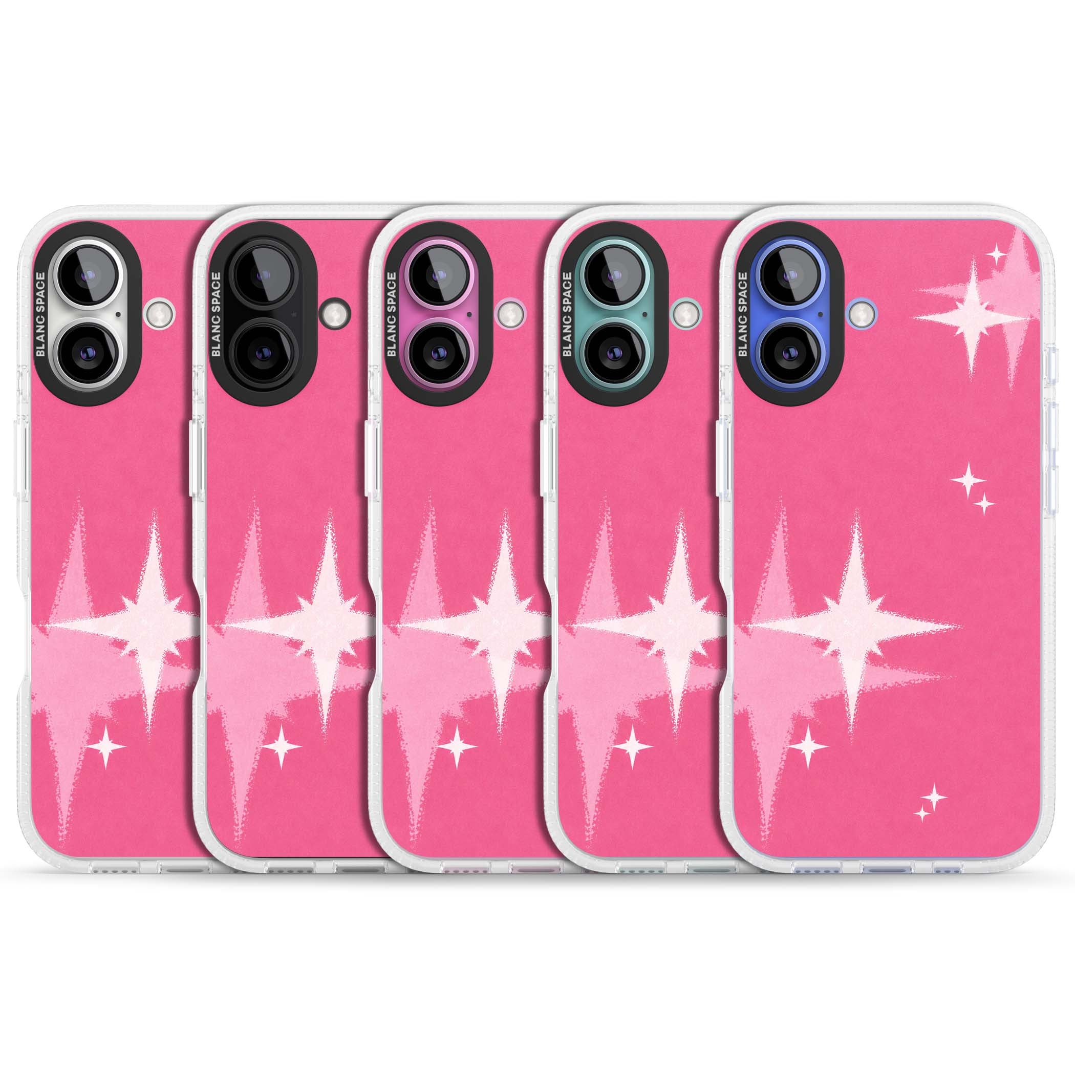 Pink Sparkle Y2K iPhone case featuring hot pink background with shimmering white starburst pattern | Clear Case Impact Air case for iPhone 16, iPhone 16 Plus