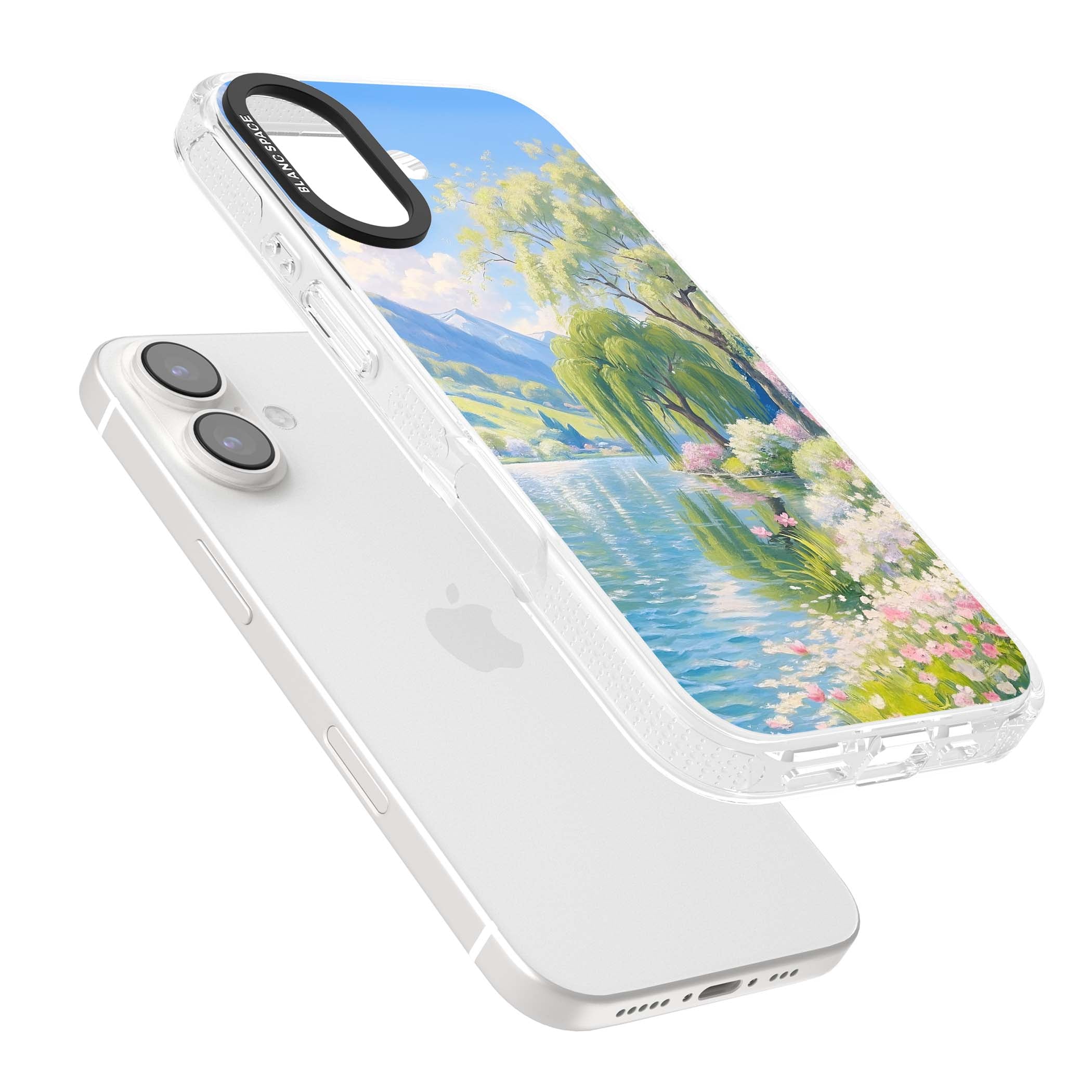 Willow Lake cottagecore iPhone case featuring a painted lakeside with weeping willow, blossoms and distant mountains | Clear Case Impact Air case for iPhone 16, iPhone 16 Plus
