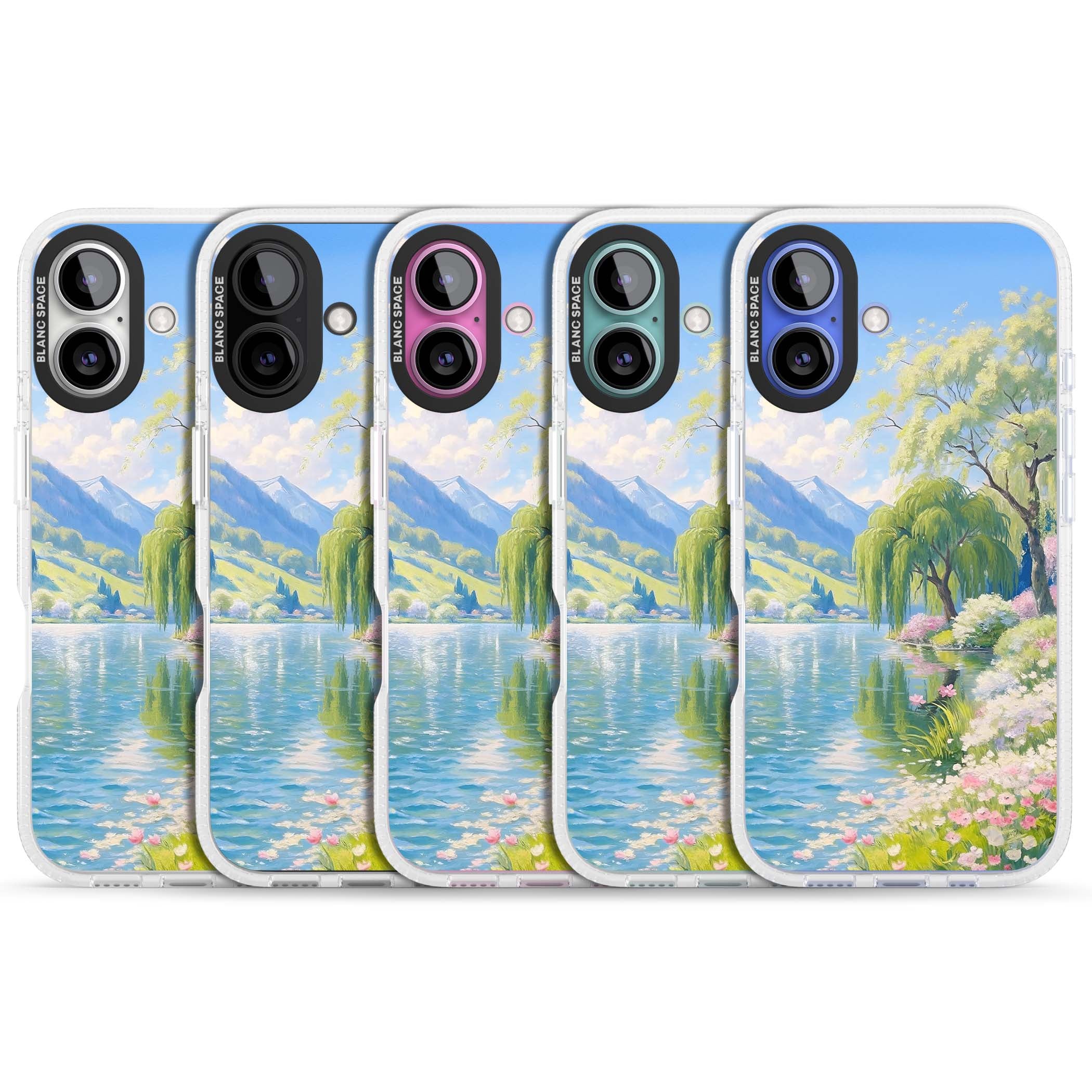 Willow Lake cottagecore iPhone case featuring a painted lakeside with weeping willow, blossoms and distant mountains | Clear Case Impact Air case for iPhone 16, iPhone 16 Plus