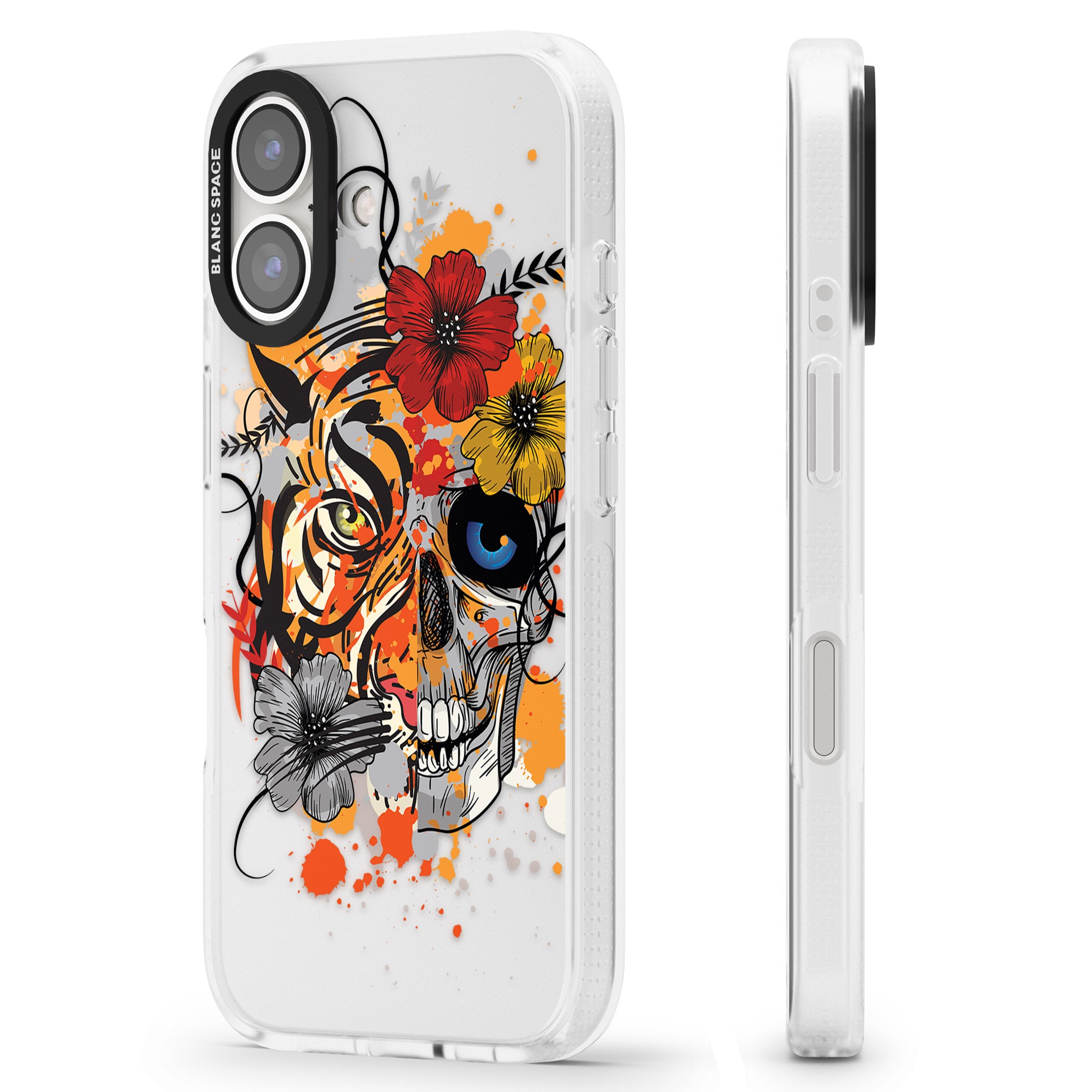 Sugar Skull Tiger Floral iPhone 16 / 16 Plus Clear Case Impact Air - Blanc Space