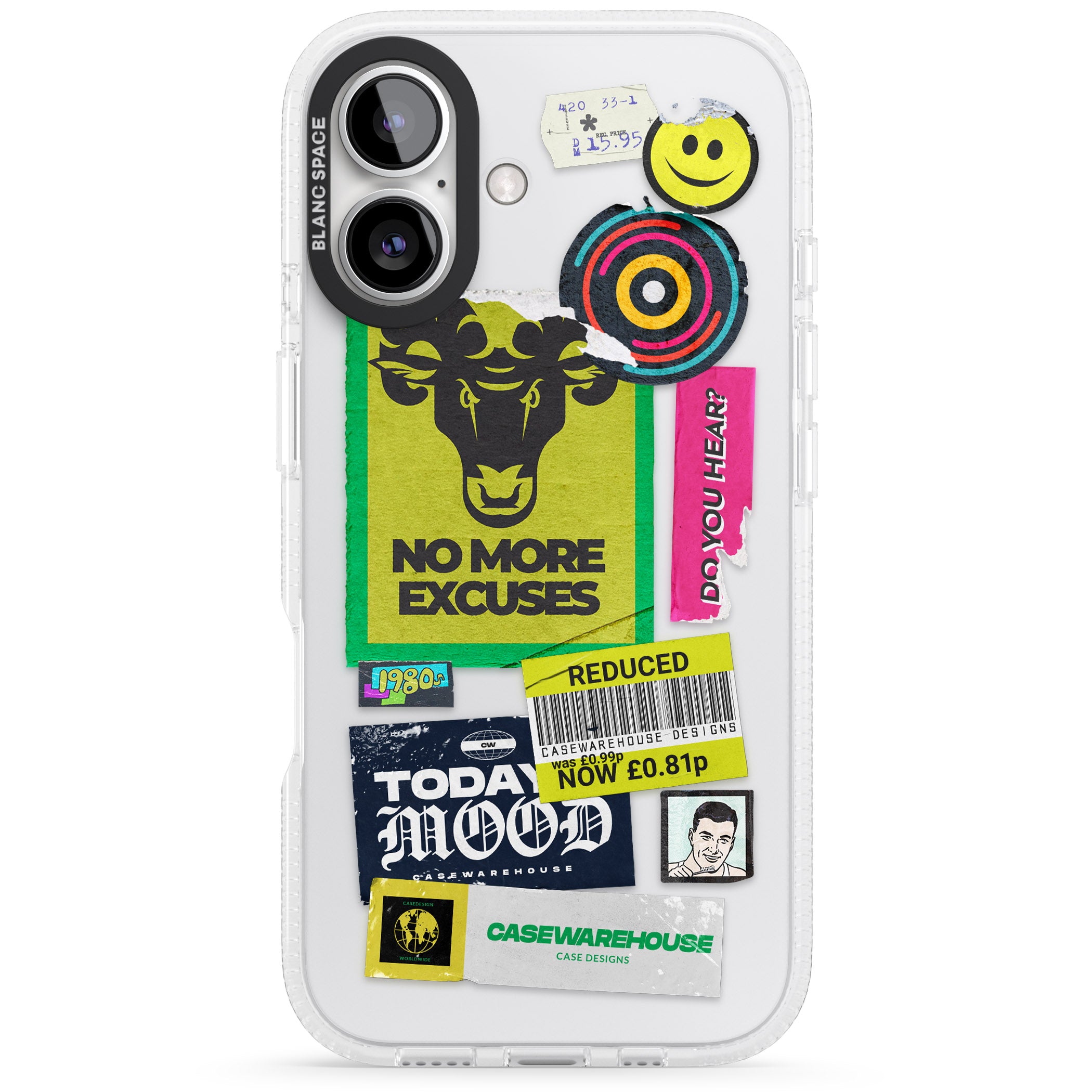 No More Excuses Sticker Mix iPhone 16 / 16 Plus Clear Case Impact Air - Blanc Space