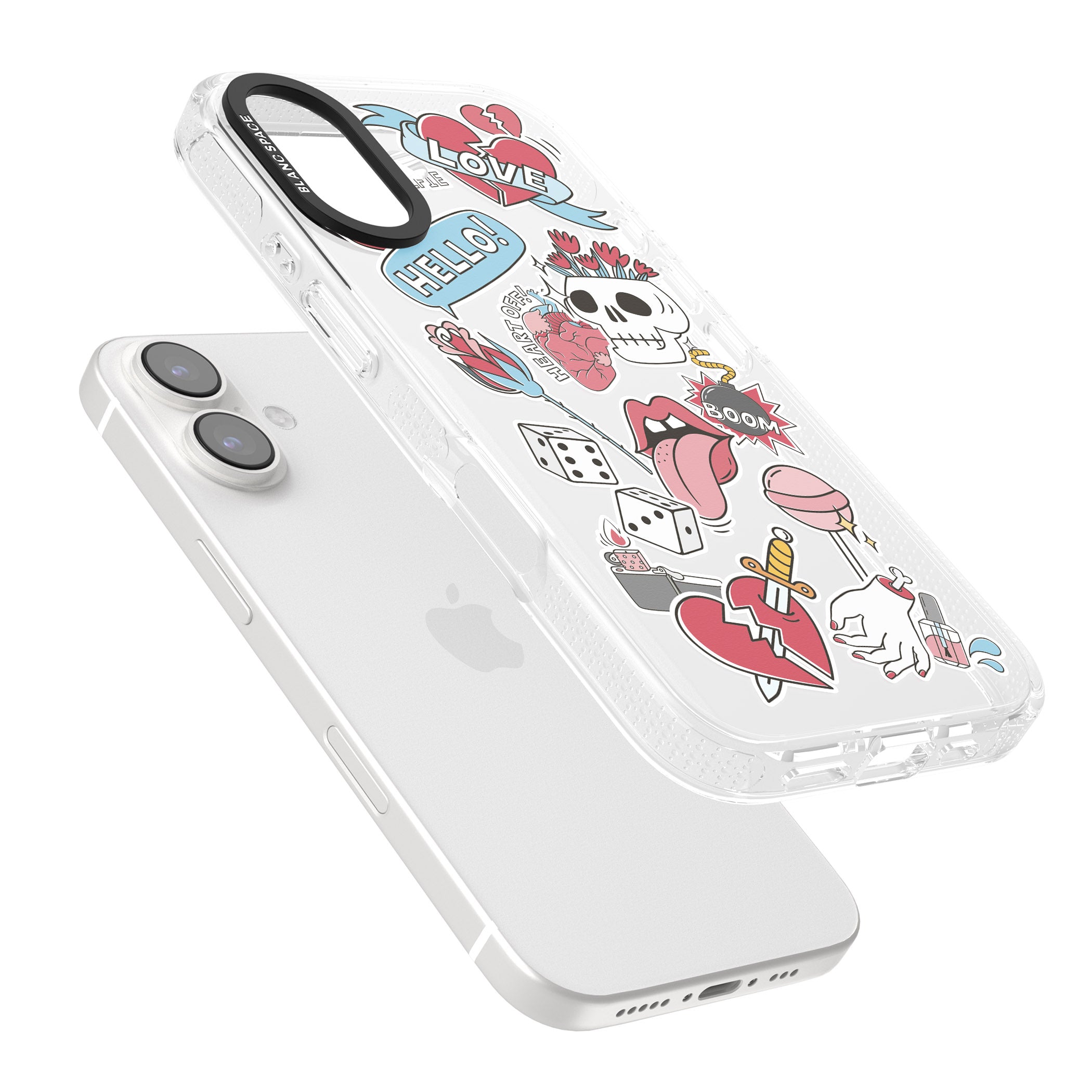 Skull & Flowers Sticker iPhone 16 / 16 Plus Clear Case Impact Air - Blanc Space