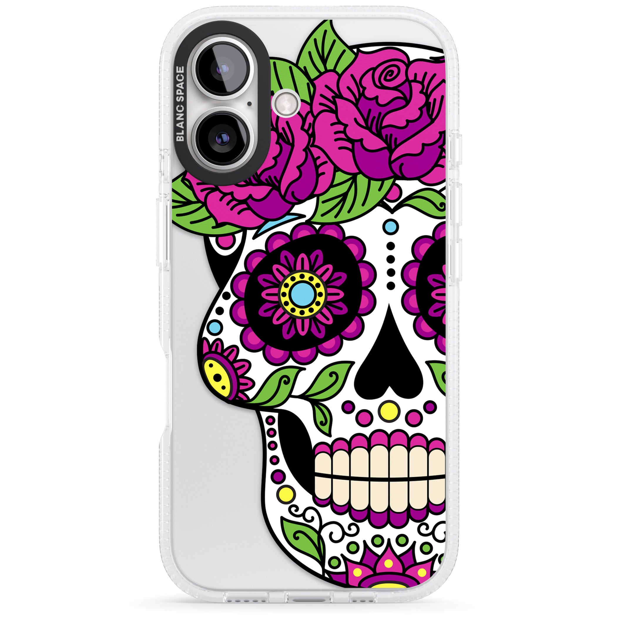 Purple Floral Sugar Skull iPhone 16 / 16 Plus Clear Case Impact Air - Blanc Space