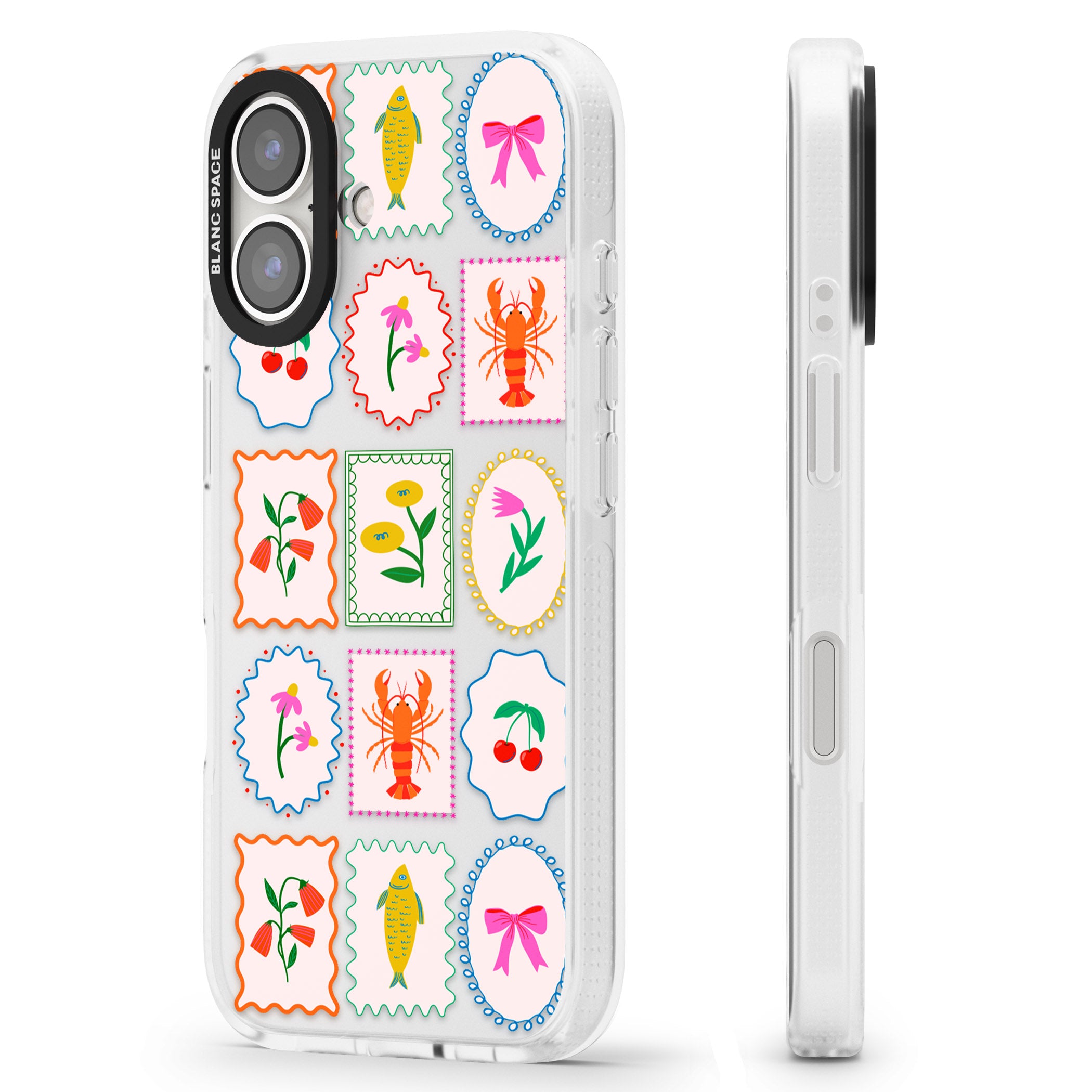 Floral & Seafood Stamps iPhone 16 / 16 Plus Clear Case Impact Air - Blanc Space