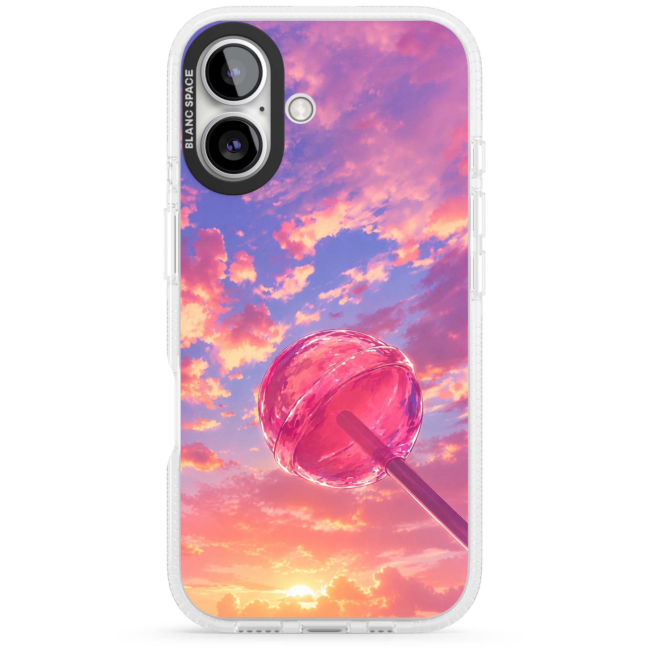 Sugar Sunset candy aesthetic iPhone case featuring a pink lollipop, pastel sunset sky and dreamy clouds | Clear Case Impact Air case for iPhone 16, iPhone 16 Plus