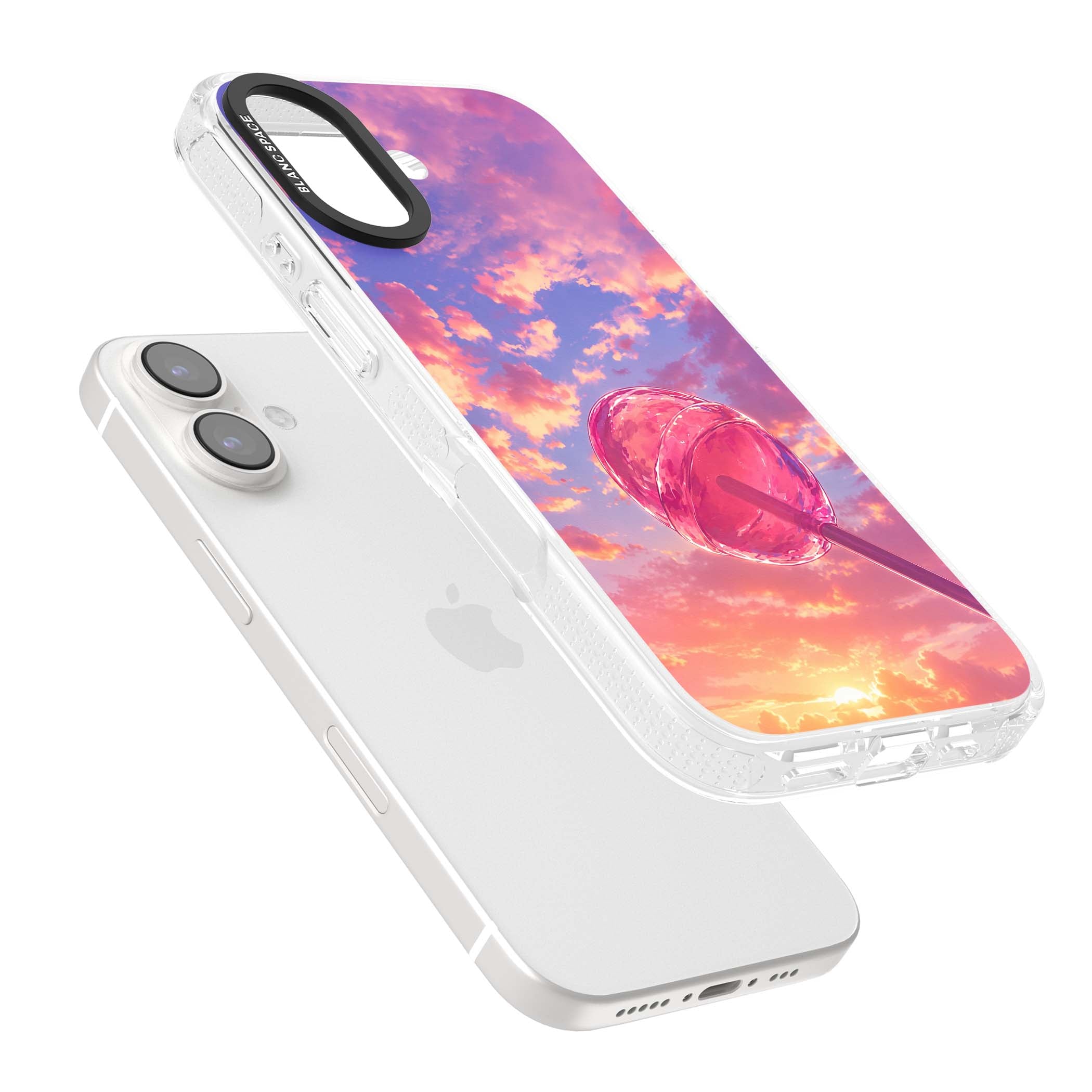 Sugar Sunset candy aesthetic iPhone case featuring a pink lollipop, pastel sunset sky and dreamy clouds | Clear Case Impact Air case for iPhone 16, iPhone 16 Plus