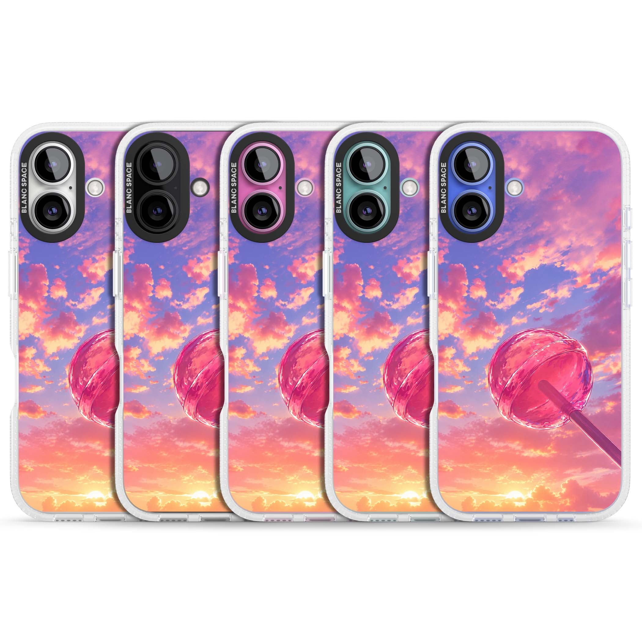 Sugar Sunset candy aesthetic iPhone case featuring a pink lollipop, pastel sunset sky and dreamy clouds | Clear Case Impact Air case for iPhone 16, iPhone 16 Plus