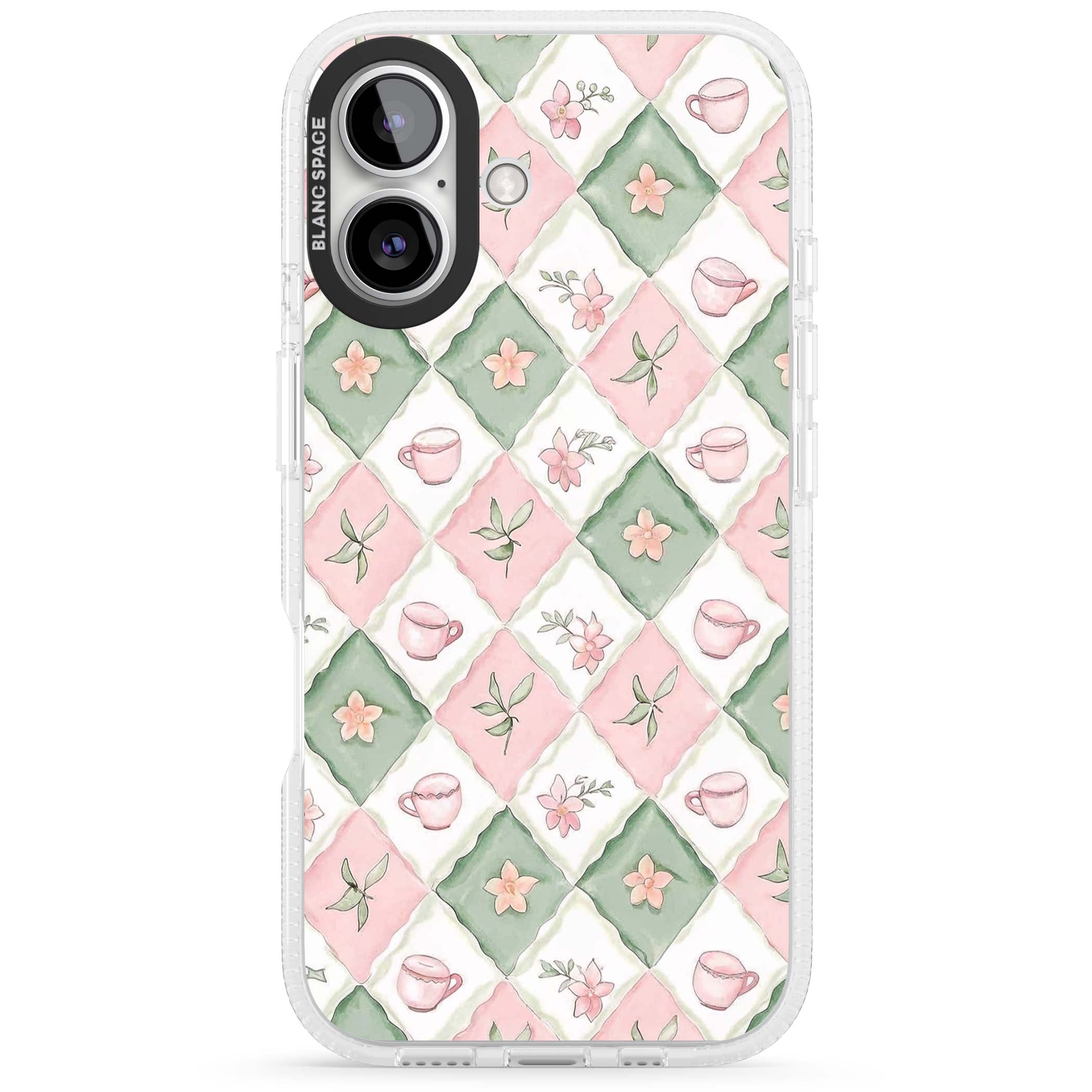 Garden Tea Party coquette iPhone case with pink and green checkered pattern, watercolour teacups and wildflowers | Clear Case Impact Air case for iPhone 16, iPhone 16 Plus