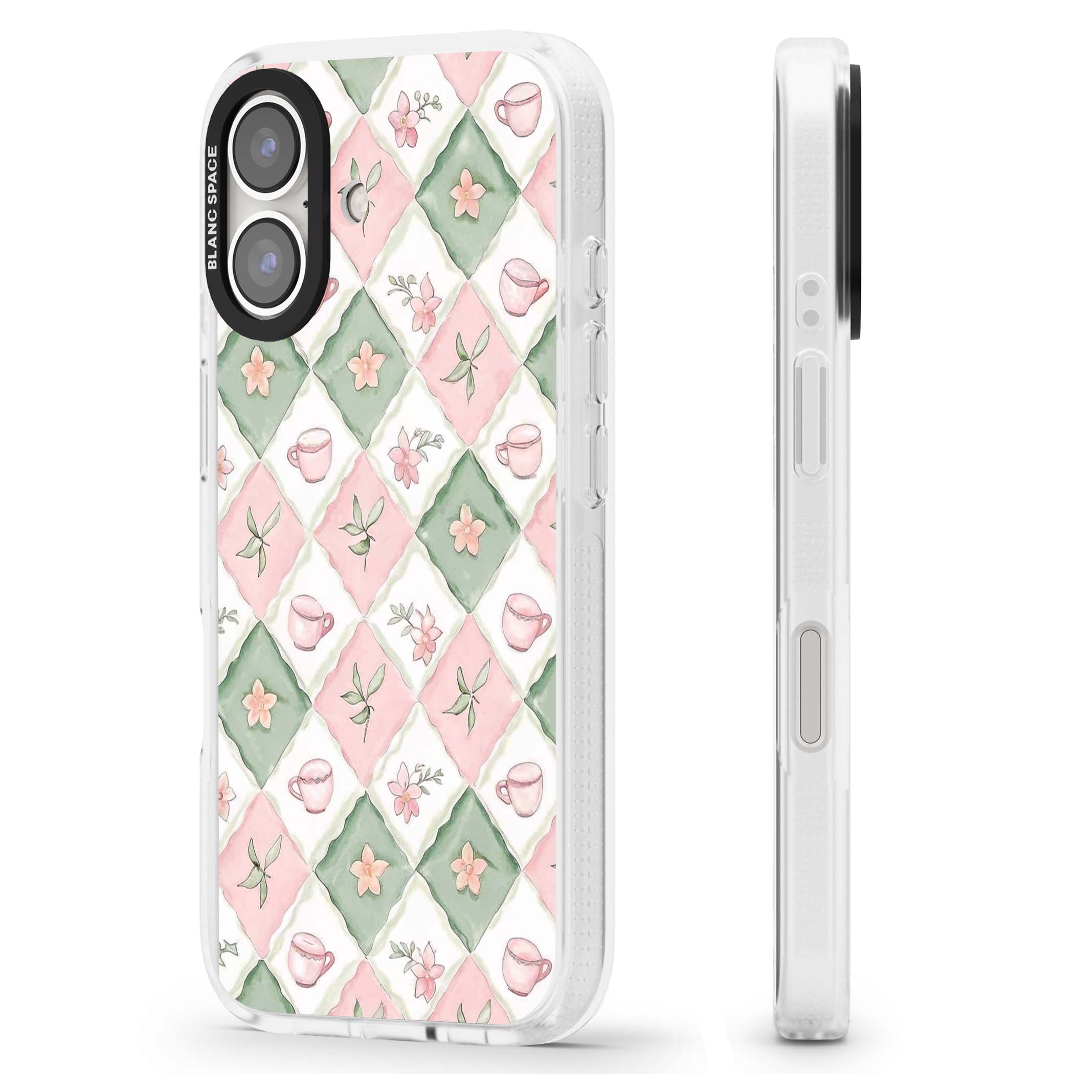Garden Tea Party coquette iPhone case with pink and green checkered pattern, watercolour teacups and wildflowers | Clear Case Impact Air case for iPhone 16, iPhone 16 Plus