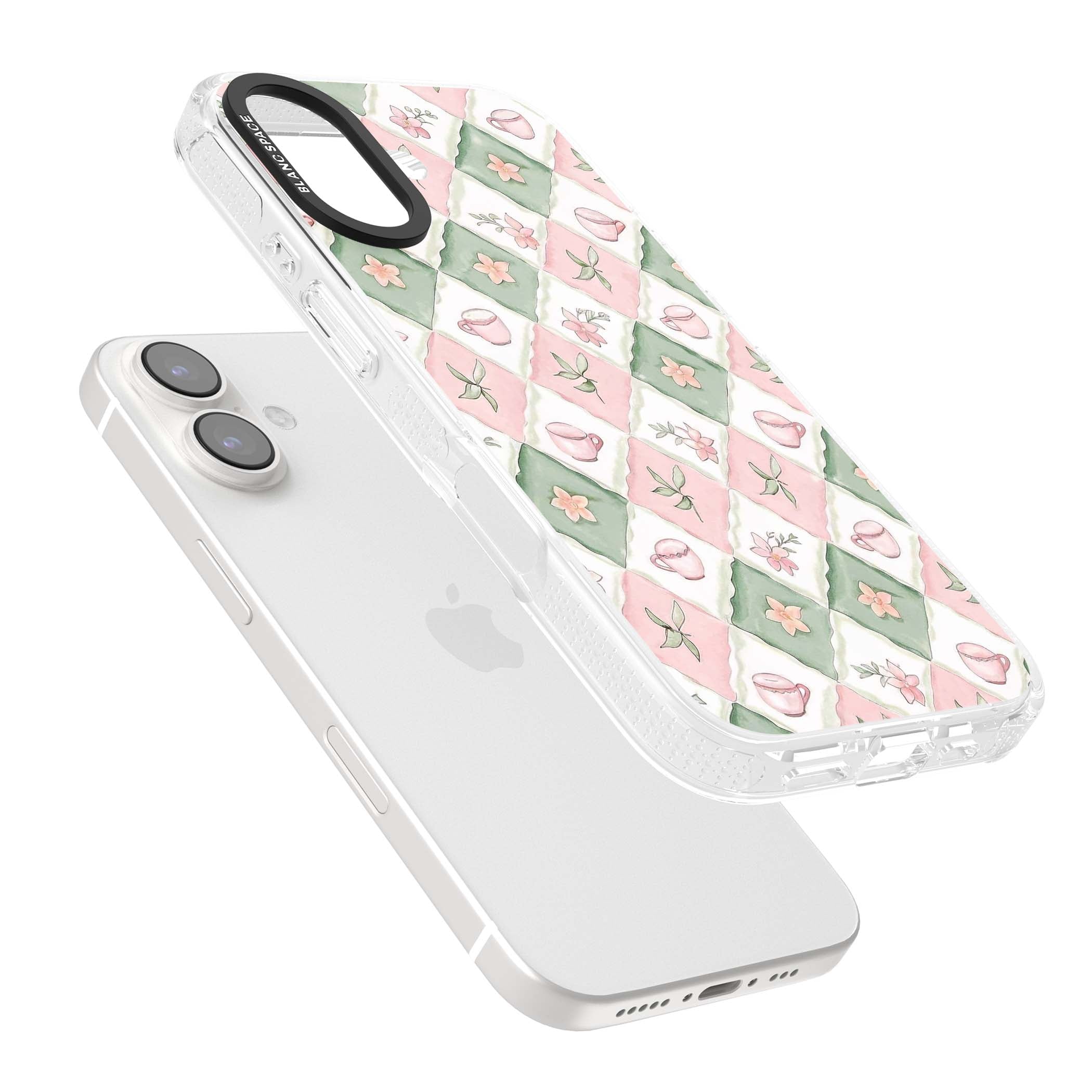 Garden Tea Party coquette iPhone case with pink and green checkered pattern, watercolour teacups and wildflowers | Clear Case Impact Air case for iPhone 16, iPhone 16 Plus