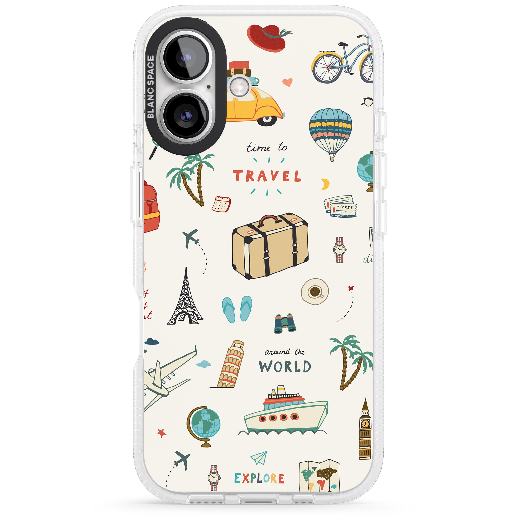 Cute Travel Pattern Cream iPhone 16 / 16 Plus Clear Case Impact Air - Blanc Space
