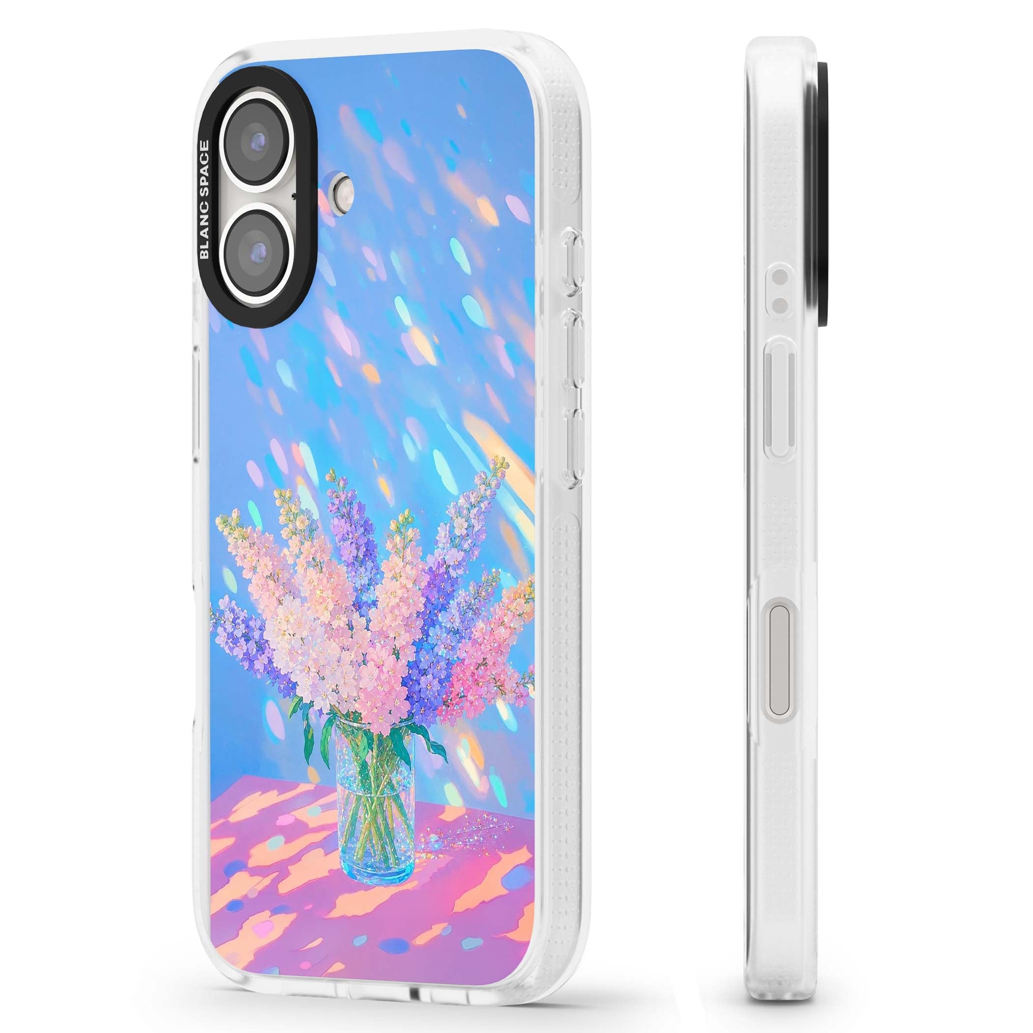 Bubblegum Flowers floral iPhone case featuring pastel lilac and pink bouquet in a glass vase with iridescent light | Clear Case Impact Air case for iPhone 16, iPhone 16 Plus