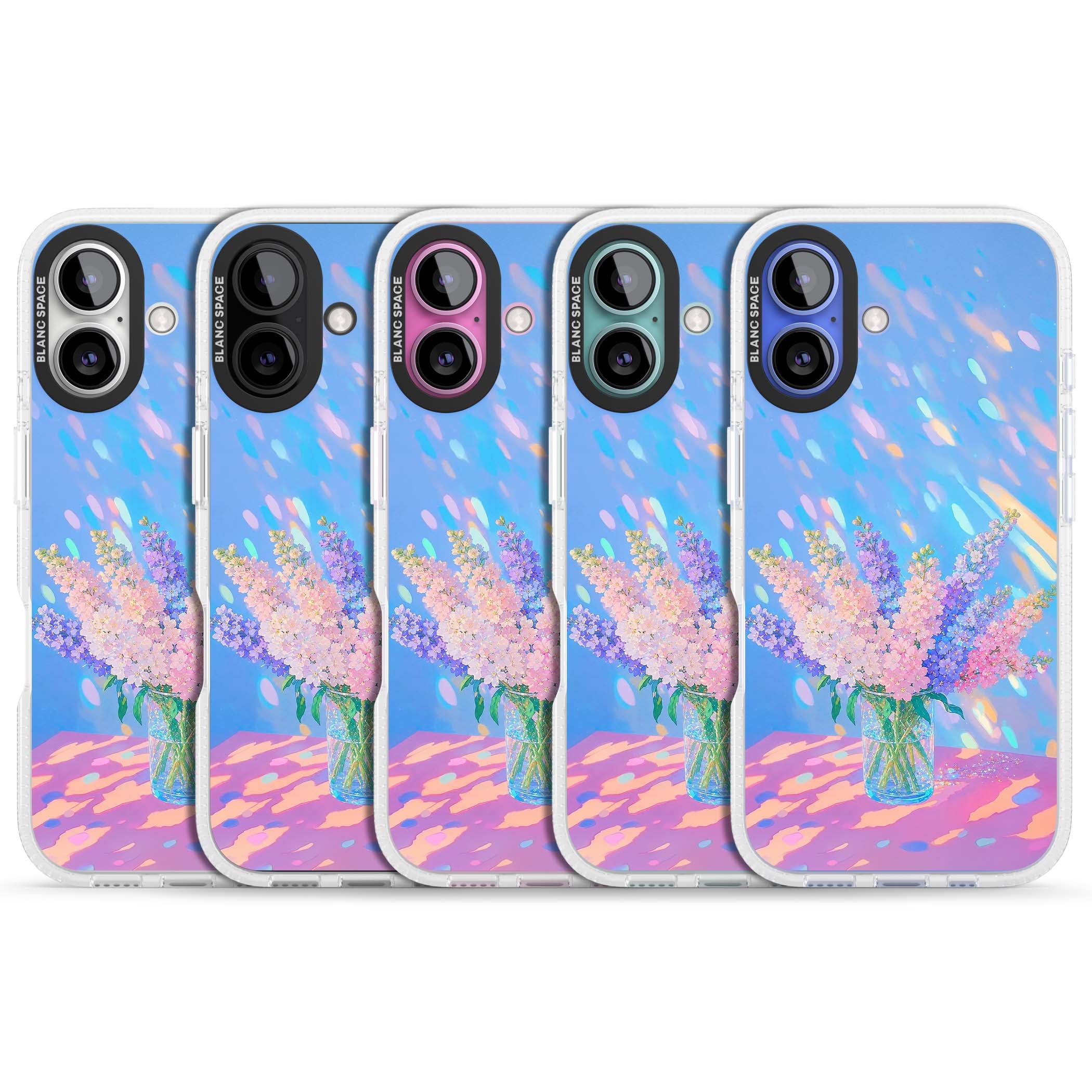 Bubblegum Flowers floral iPhone case featuring pastel lilac and pink bouquet in a glass vase with iridescent light | Clear Case Impact Air case for iPhone 16, iPhone 16 Plus