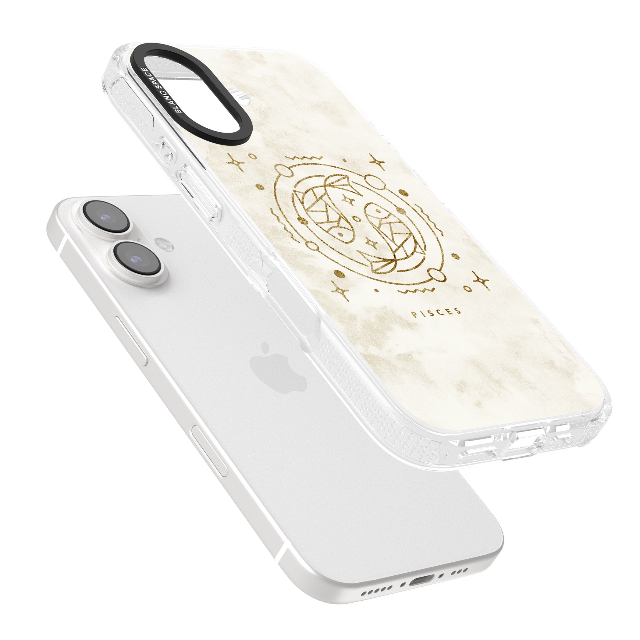 Pisces Emblem - Solid Gold Marbled Design iPhone 16 / 16 Plus Clear Case Impact Air - Blanc Space