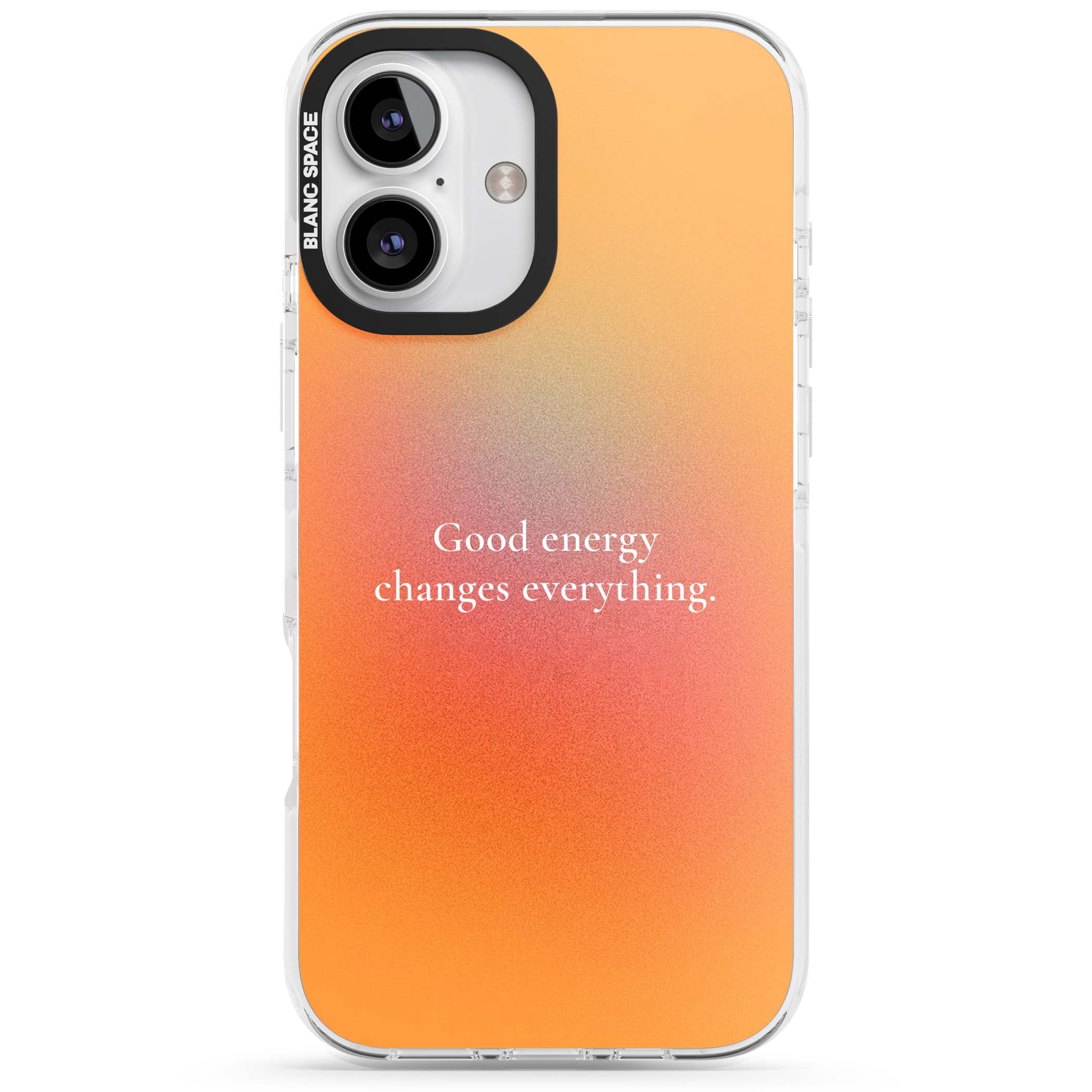 Good Energy quote iPhone case featuring an orange and pink aura gradient with white serif affirmation text | Clear Impact case for iPhone 16, iPhone 16 Plus