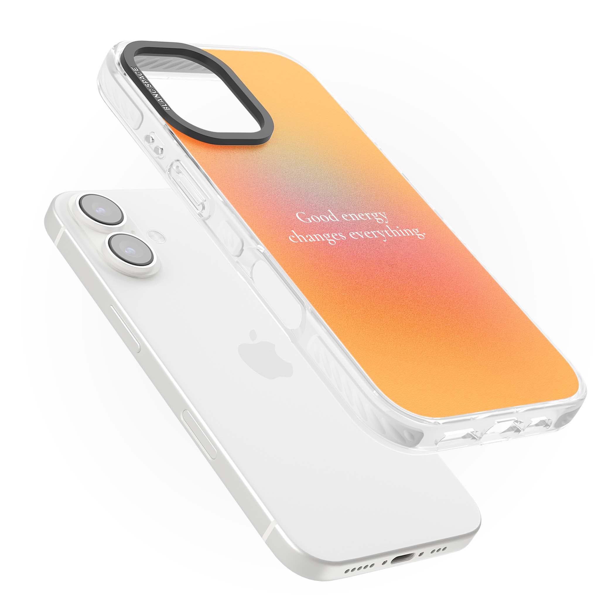 Good Energy quote iPhone case featuring an orange and pink aura gradient with white serif affirmation text | Clear Impact case for iPhone 16, iPhone 16 Plus