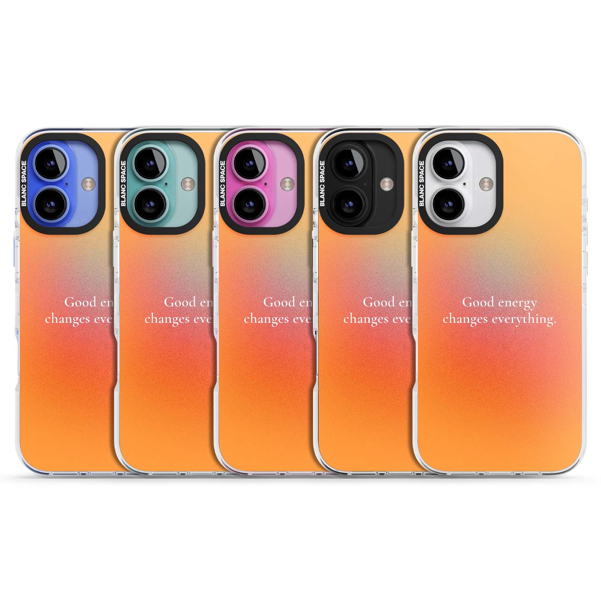 Good Energy quote iPhone case featuring an orange and pink aura gradient with white serif affirmation text | Clear Impact case for iPhone 16, iPhone 16 Plus