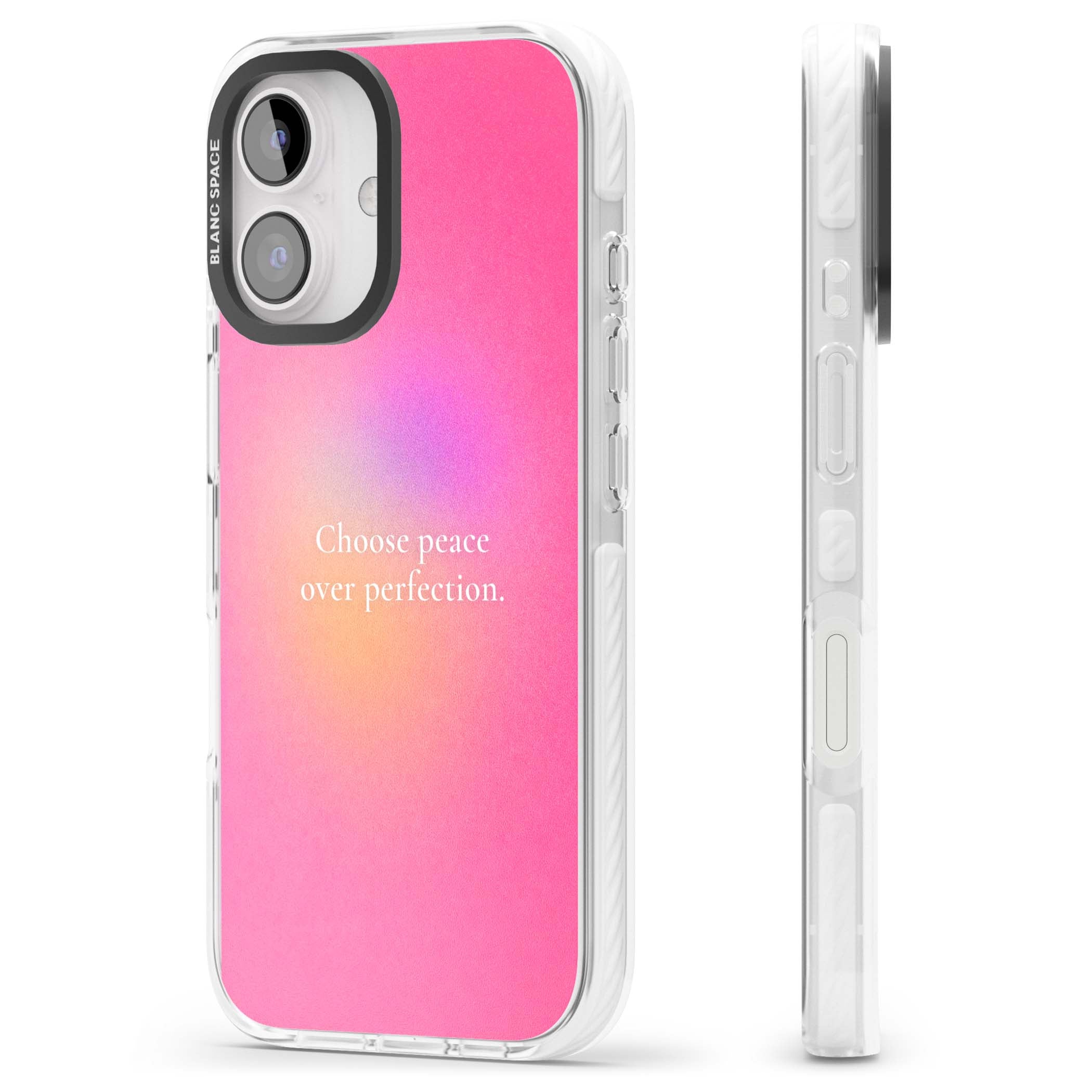 Peace Over Perfection quote iPhone case featuring a dreamy pink aura gradient and delicate white affirmation text | Clear Impact case for iPhone 16, iPhone 16 Plus