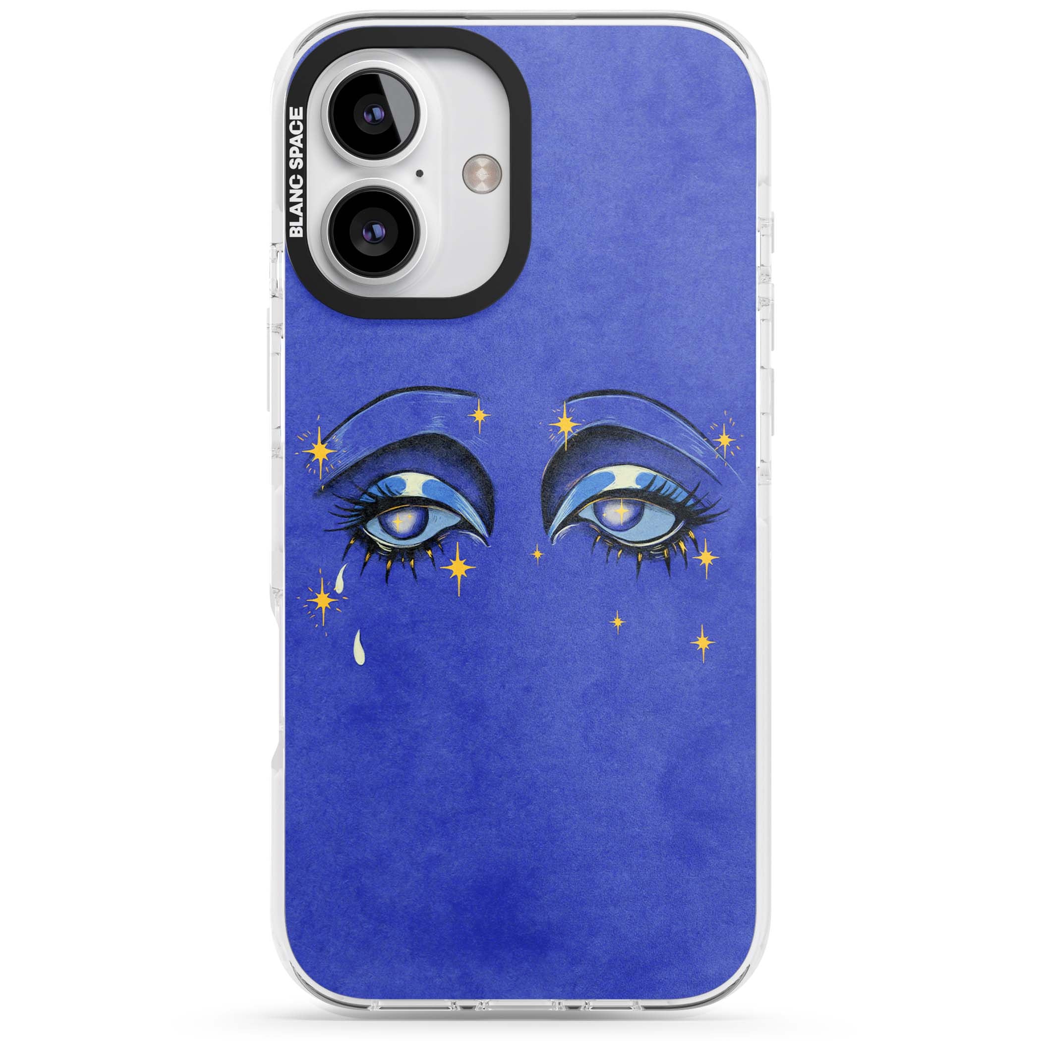Blue Mystic Eyes celestial iPhone case featuring hand drawn blue mystical eyes, golden stars and a painted tear on indigo | Clear Impact case for iPhone 16, iPhone 16 Plus