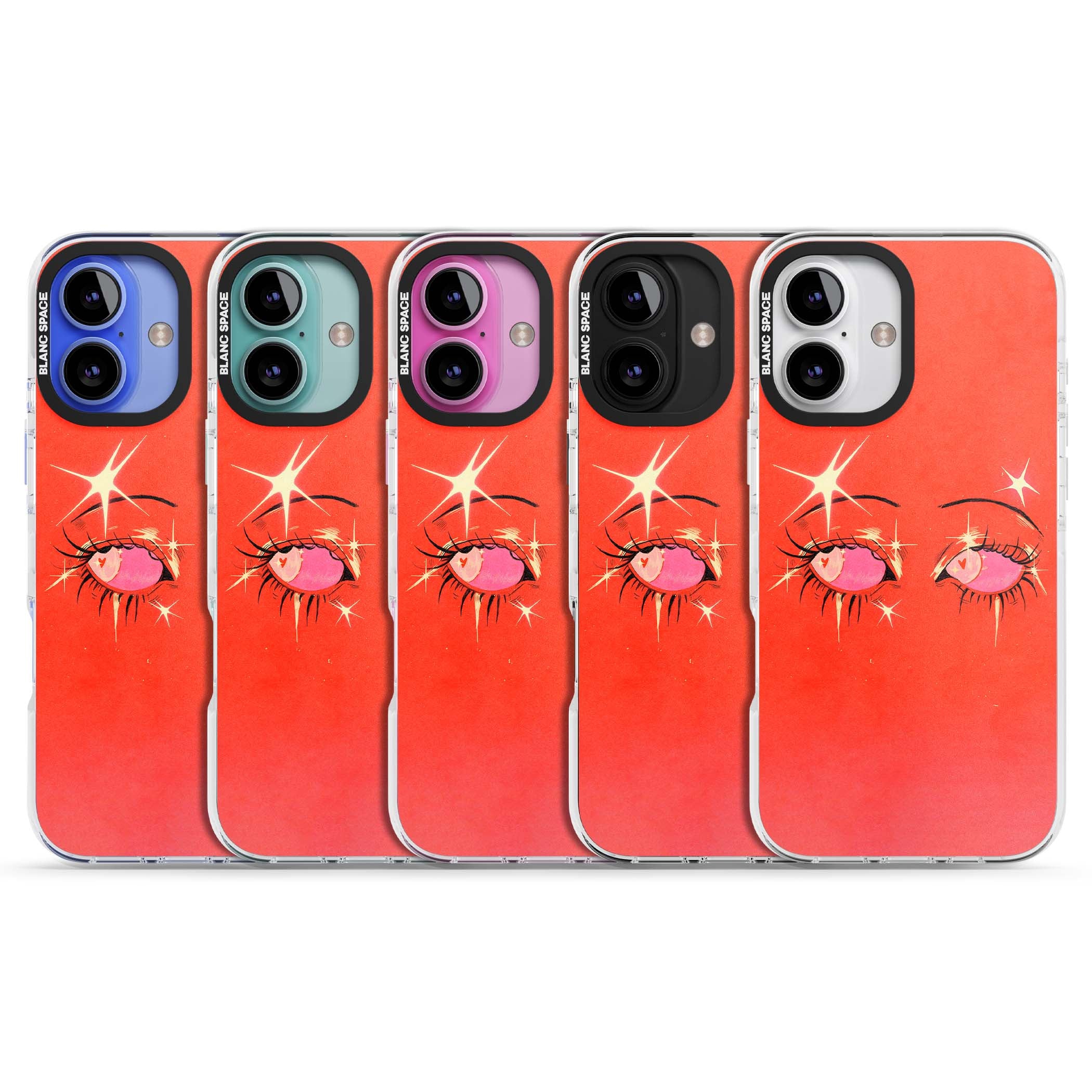 Pink Ethereal Eyes anime iPhone case featuring hand-drawn sparkly eyes with pink hearts and gold stars on red | Clear Impact case for iPhone 16, iPhone 16 Plus