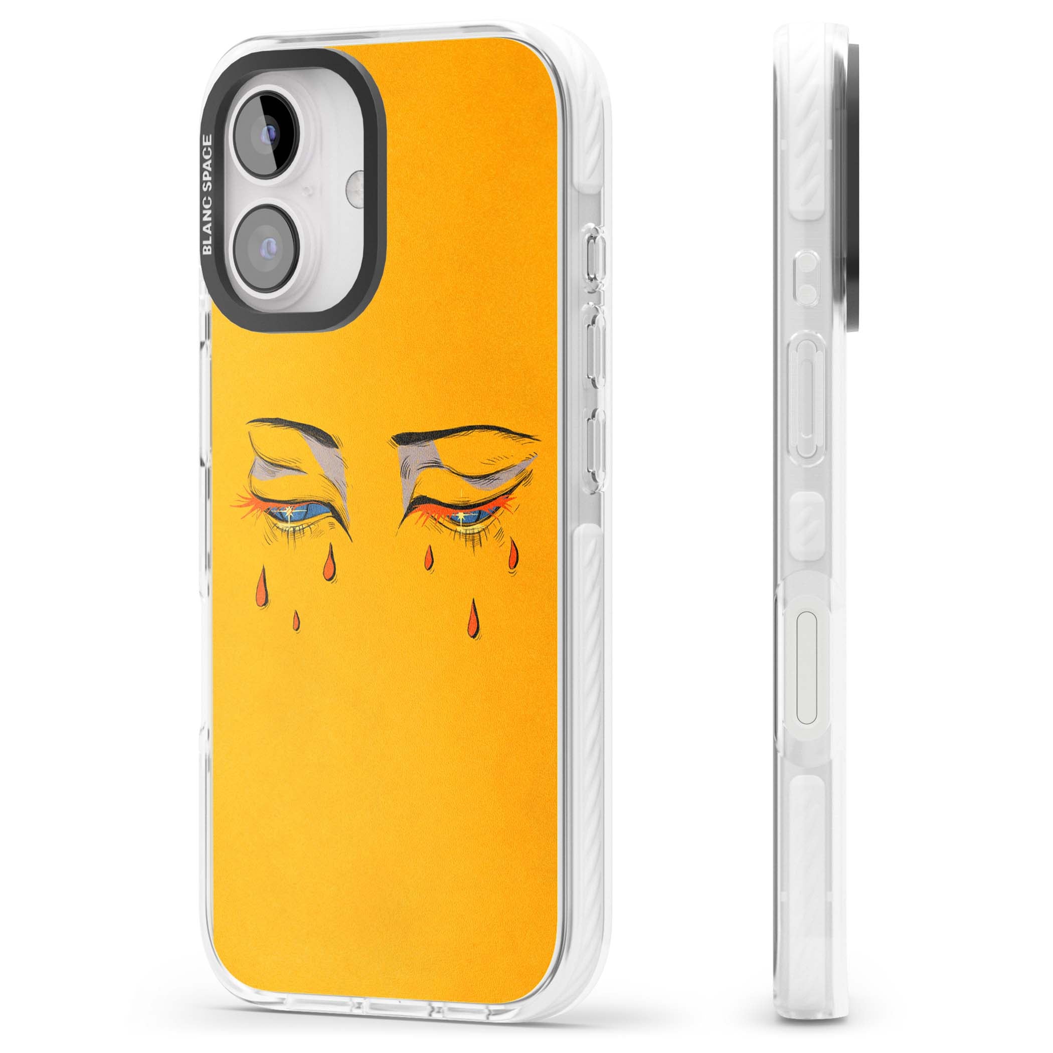 Yellow Tearful Eyes indie iPhone case featuring hand-drawn crying eyes with orange tears on a yellow background | Clear Impact case for iPhone 16, iPhone 16 Plus