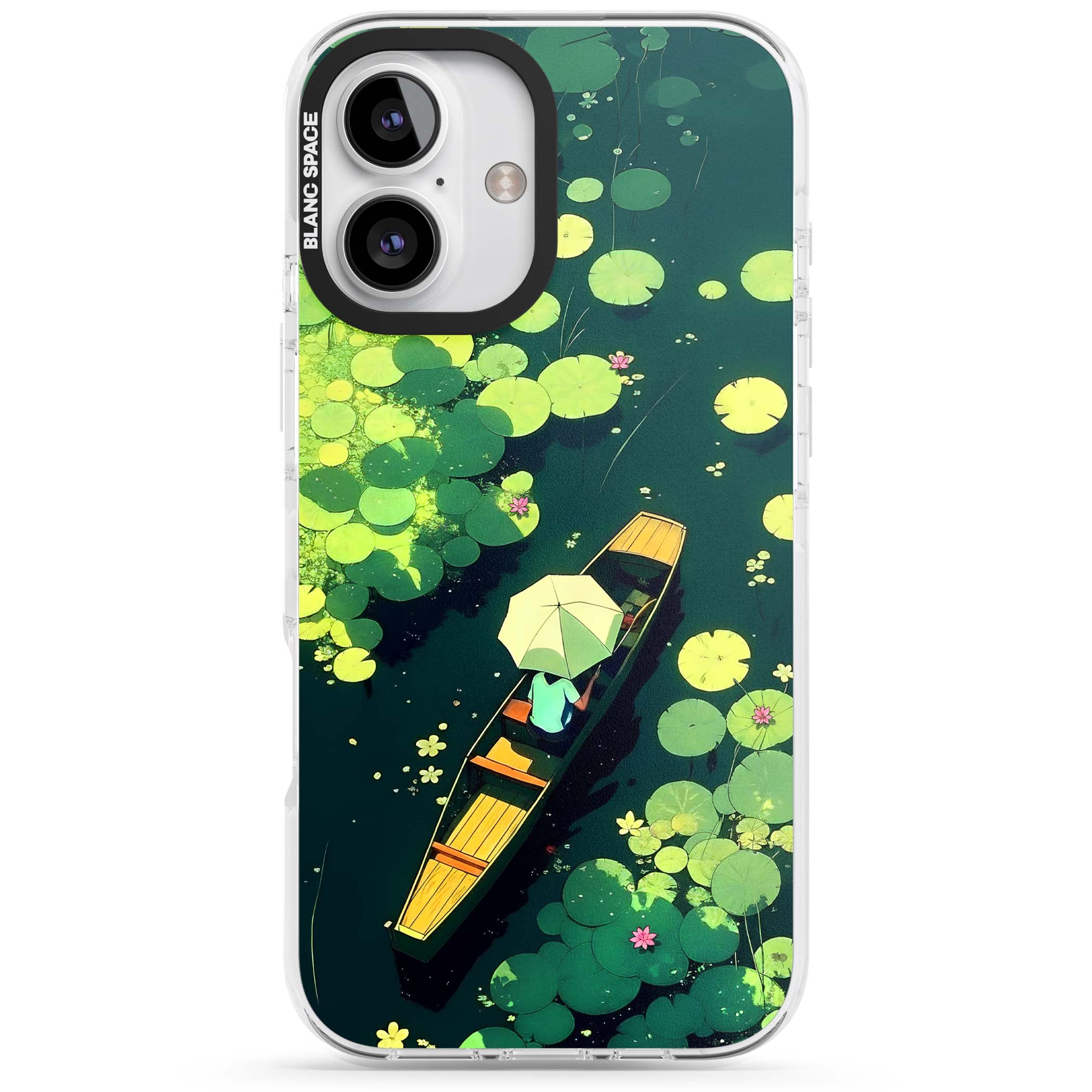 Jade Waters cottagecore iPhone case featuring a painted lily pond, wooden boat with parasol and floating water lilies | Clear Impact case for iPhone 16, iPhone 16 Plus