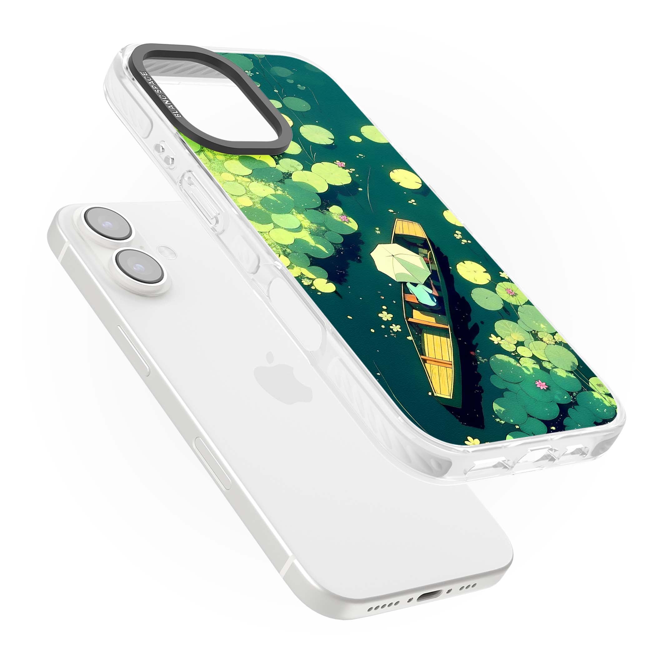 Jade Waters cottagecore iPhone case featuring a painted lily pond, wooden boat with parasol and floating water lilies | Clear Impact case for iPhone 16, iPhone 16 Plus