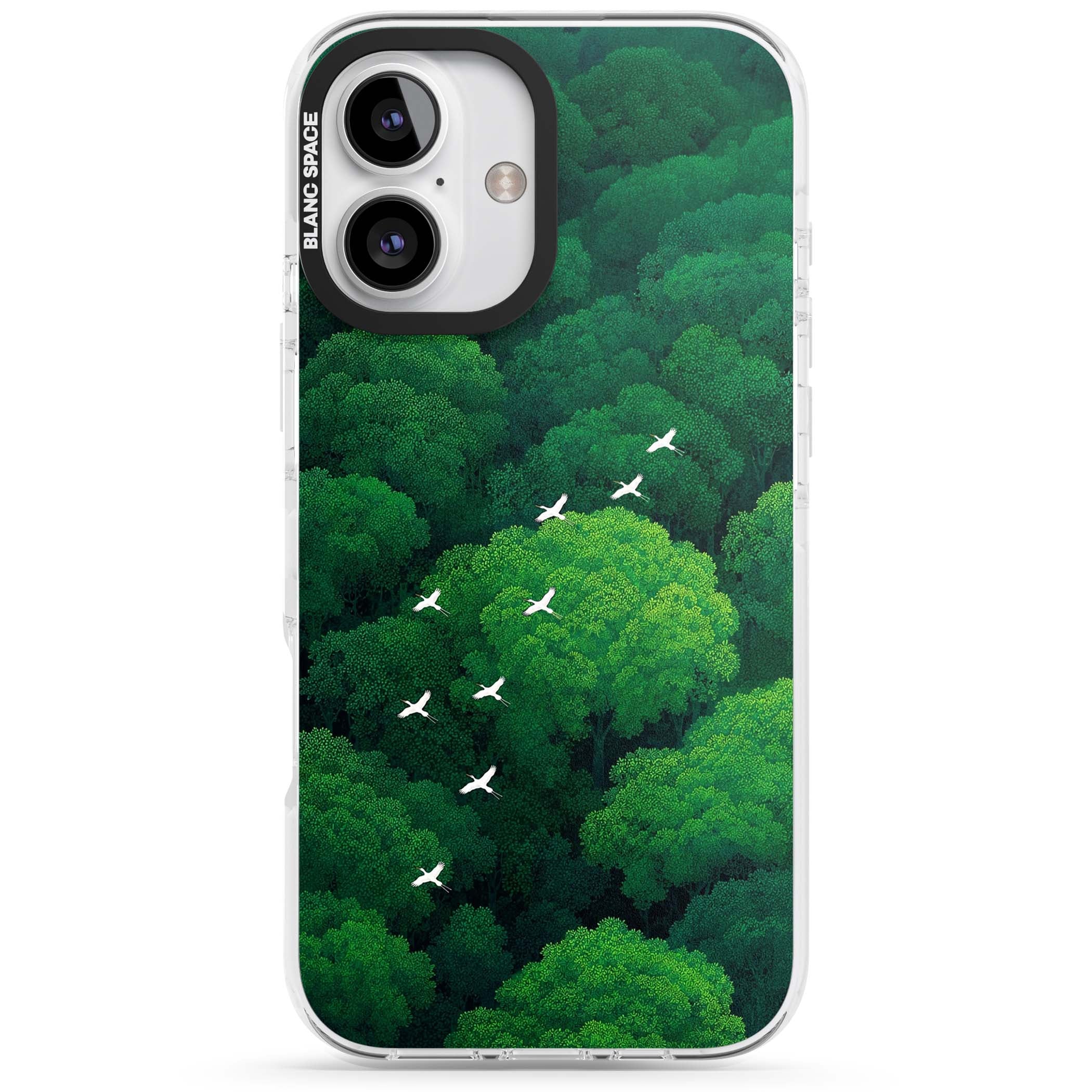 Grove Migration forest iPhone case featuring white cranes flying over lush green treetop canopy | Clear Impact case for iPhone 16, iPhone 16 Plus