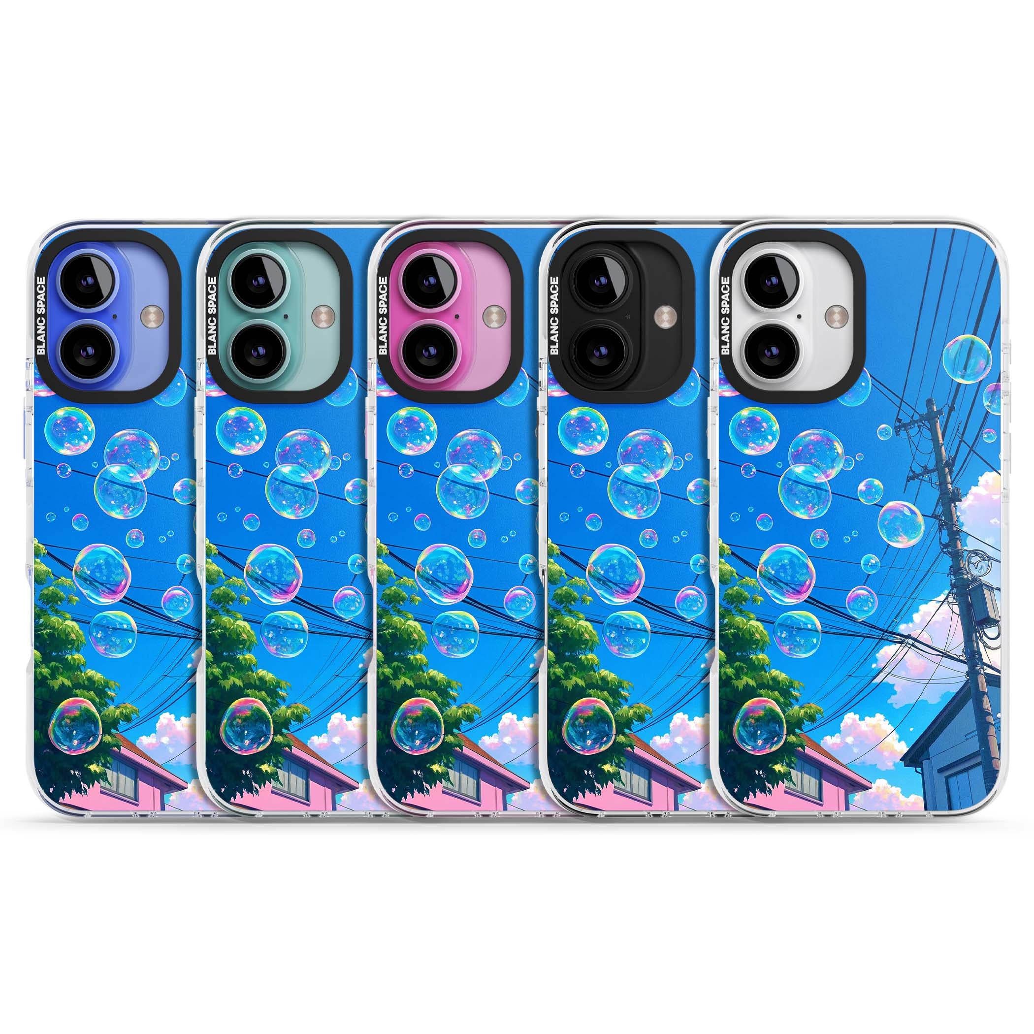 Suburban Bubbles anime iPhone case featuring iridescent soap bubbles, blue sky and Japanese telephone wires | Clear Impact case for iPhone 16, iPhone 16 Plus
