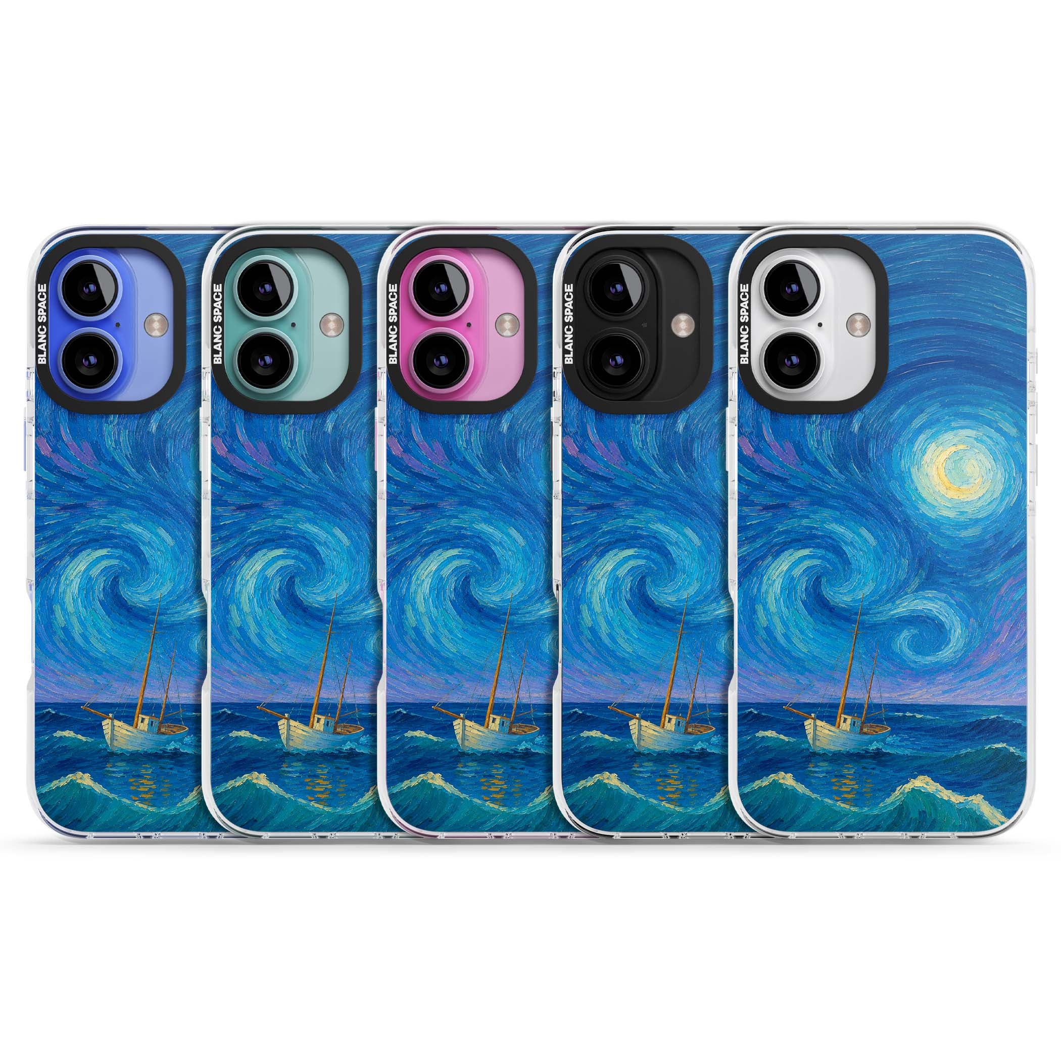 Moonlit Tide Van Gogh art iPhone case featuring swirling starry night sky, glowing moon and lone sailing boat at sea | Clear Impact case for iPhone 16, iPhone 16 Plus