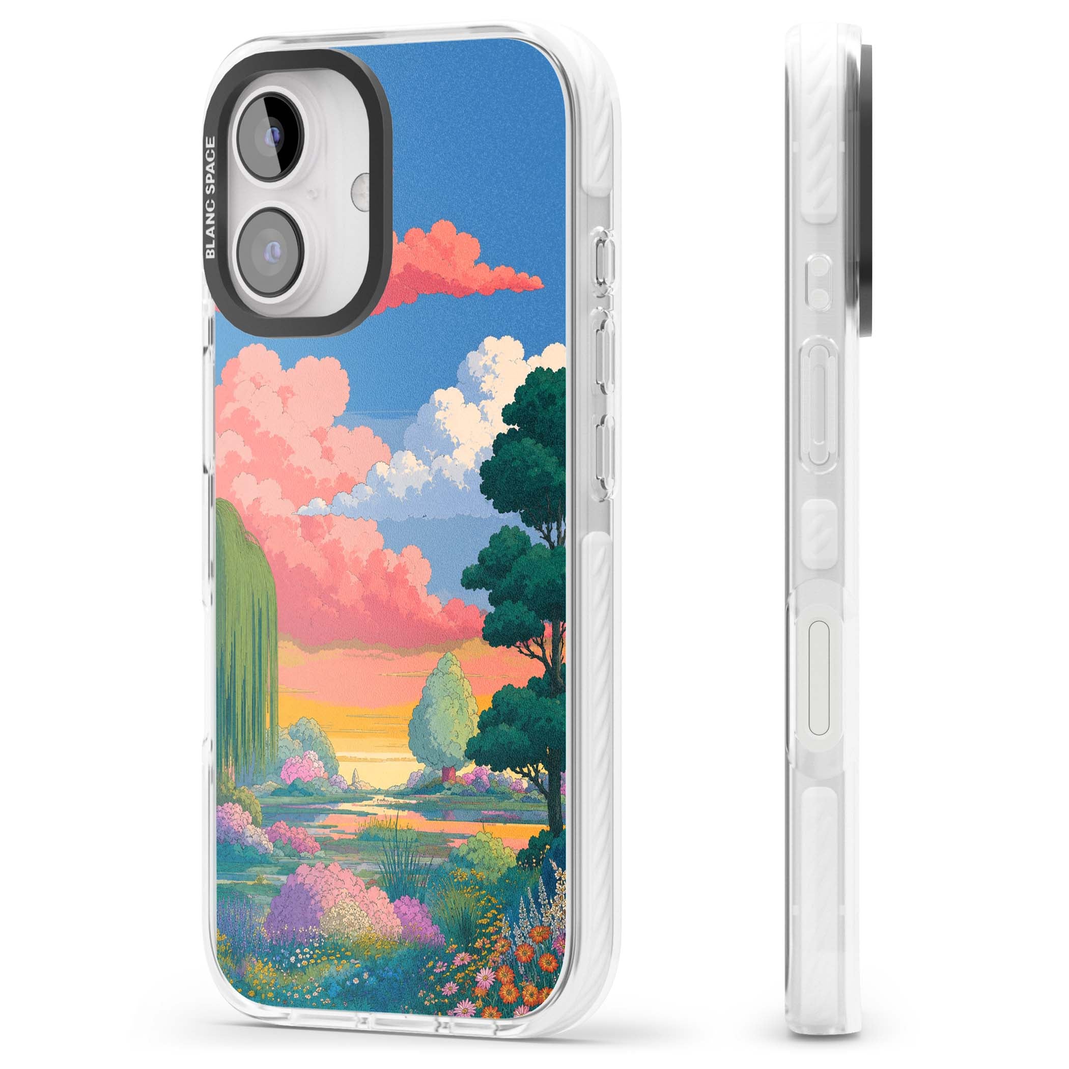 Dream Valley anime landscape iPhone case featuring pink sunset clouds, willow trees and wildflowers | Clear Impact case for iPhone 16, iPhone 16 Plus