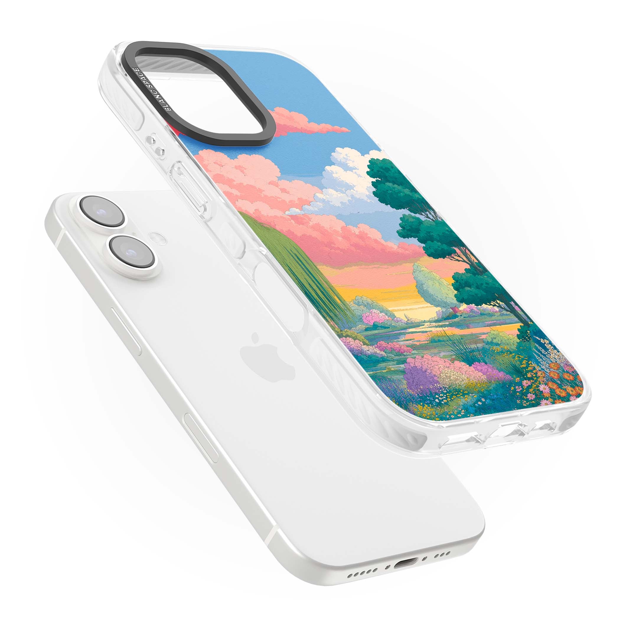 Dream Valley anime landscape iPhone case featuring pink sunset clouds, willow trees and wildflowers | Clear Impact case for iPhone 16, iPhone 16 Plus