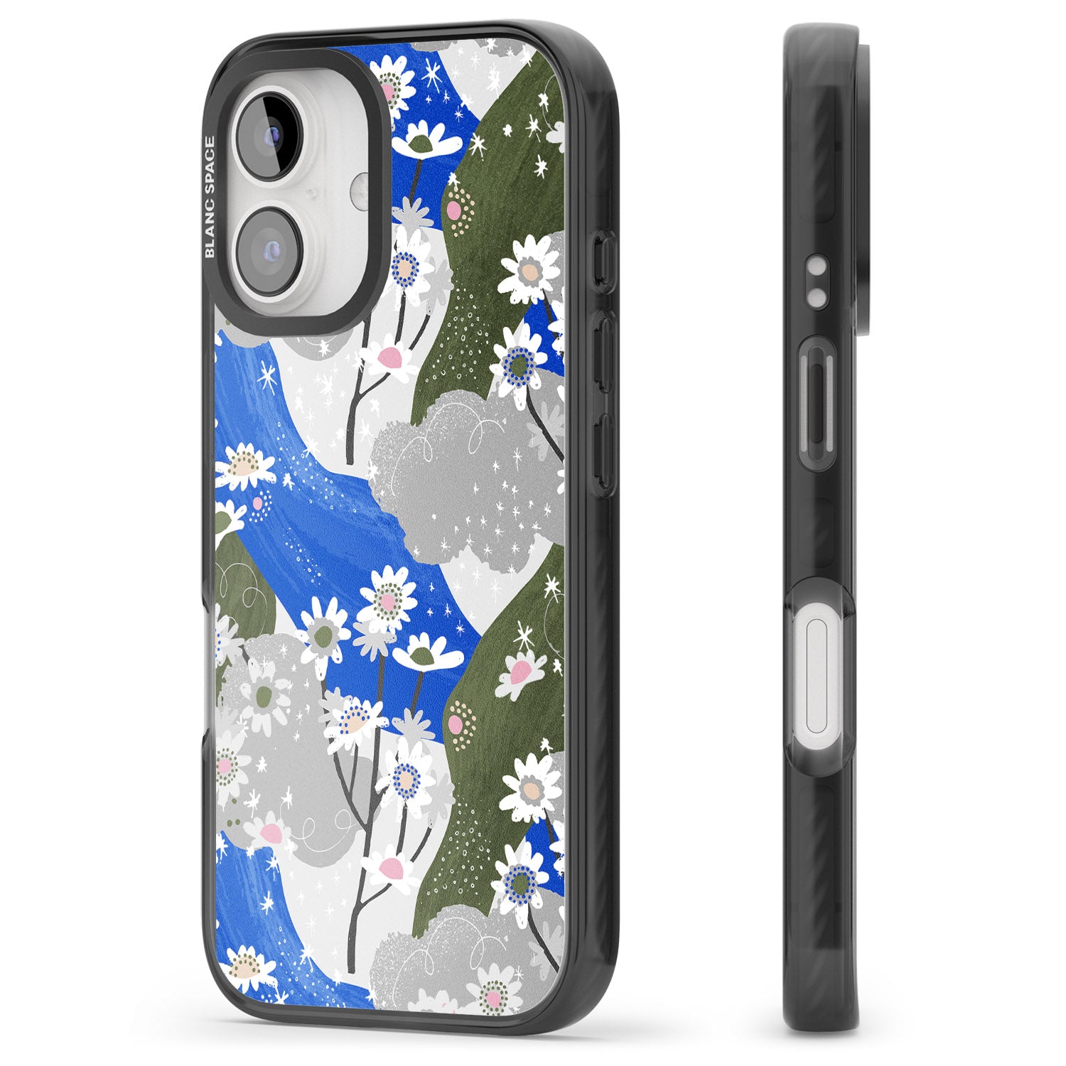 iPhone 16 Pro Max Blue & Grey Daisies Pattern Black Impact Phone Case