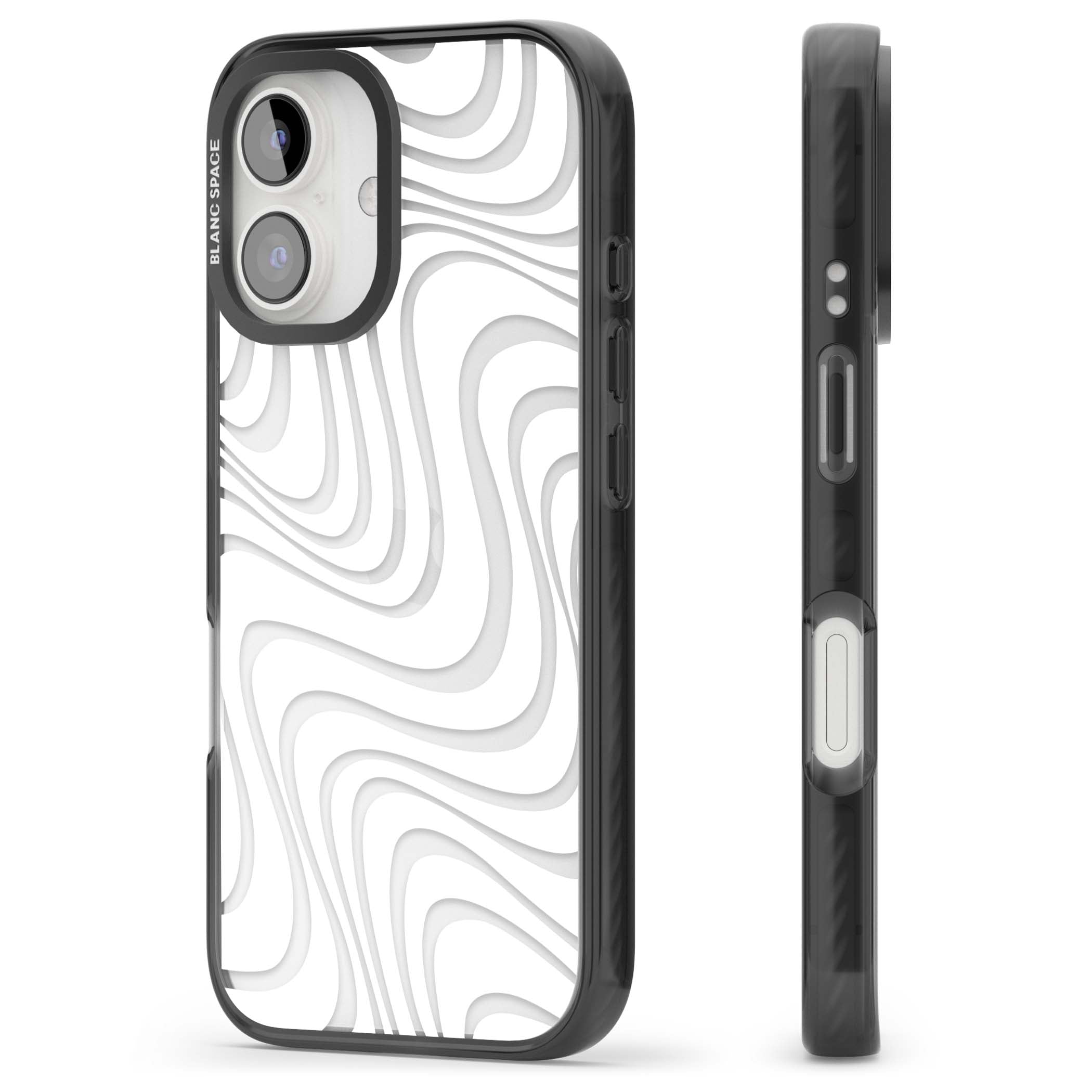 White Abstract Waves abstract iPhone case featuring flowing grey wave pattern on clear background | Black Impact case for iPhone 16, iPhone 16 Plus
