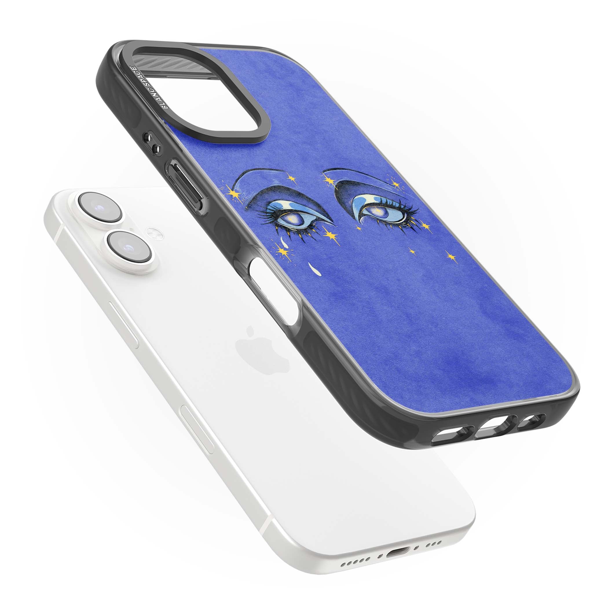 Blue Mystic Eyes celestial iPhone case featuring hand drawn blue mystical eyes, golden stars and a painted tear on indigo | Black Impact case for iPhone 16, iPhone 16 Plus