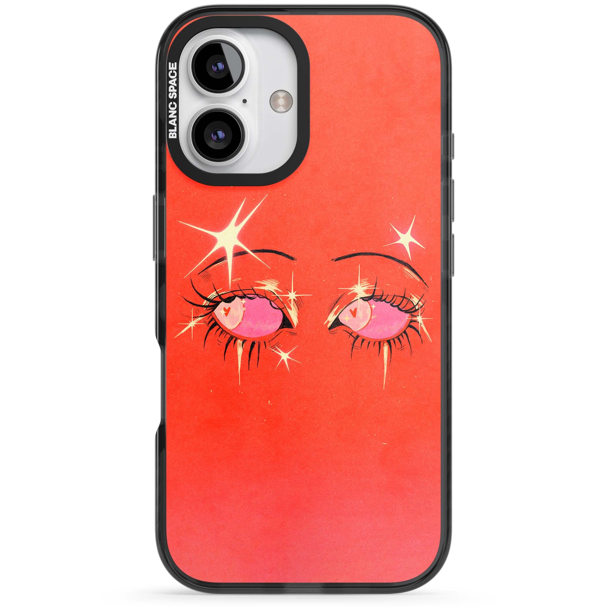 Pink Ethereal Eyes anime iPhone case featuring hand-drawn sparkly eyes with pink hearts and gold stars on red | Black Impact case for iPhone 16, iPhone 16 Plus