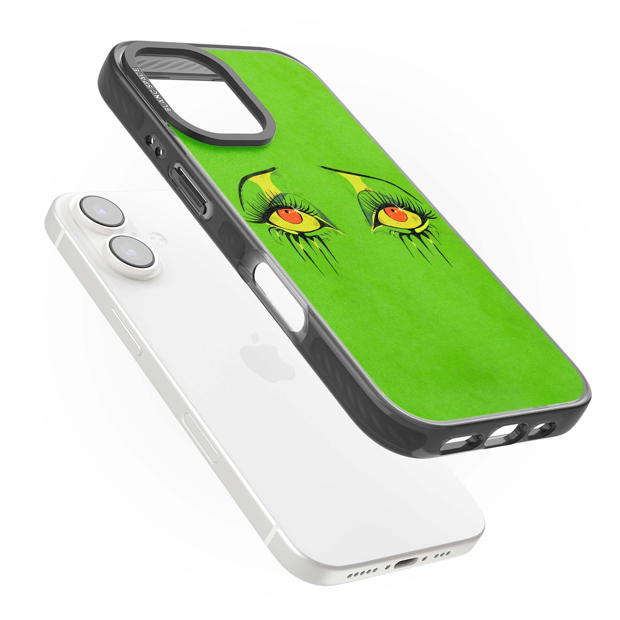 Green Enchanted Eyes psychedelic art iPhone case featuring hand-drawn dripping eyes on neon green background | Black Impact case for iPhone 16, iPhone 16 Plus