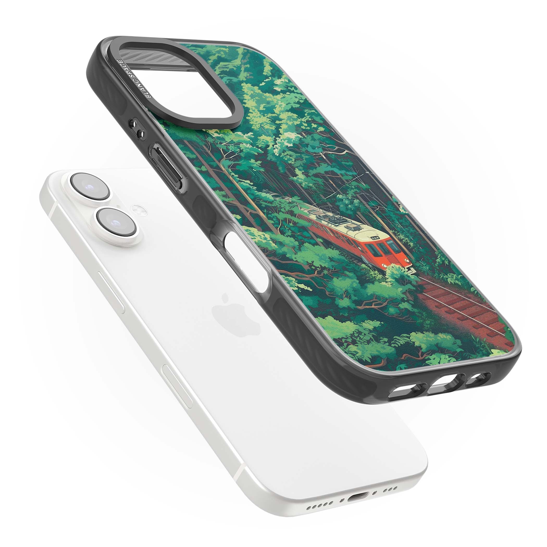 Railway In Toyama Japanese iPhone case featuring a red train, cedar forest and winding mountain railway tracks | Black Impact case for iPhone 16, iPhone 16 Plus