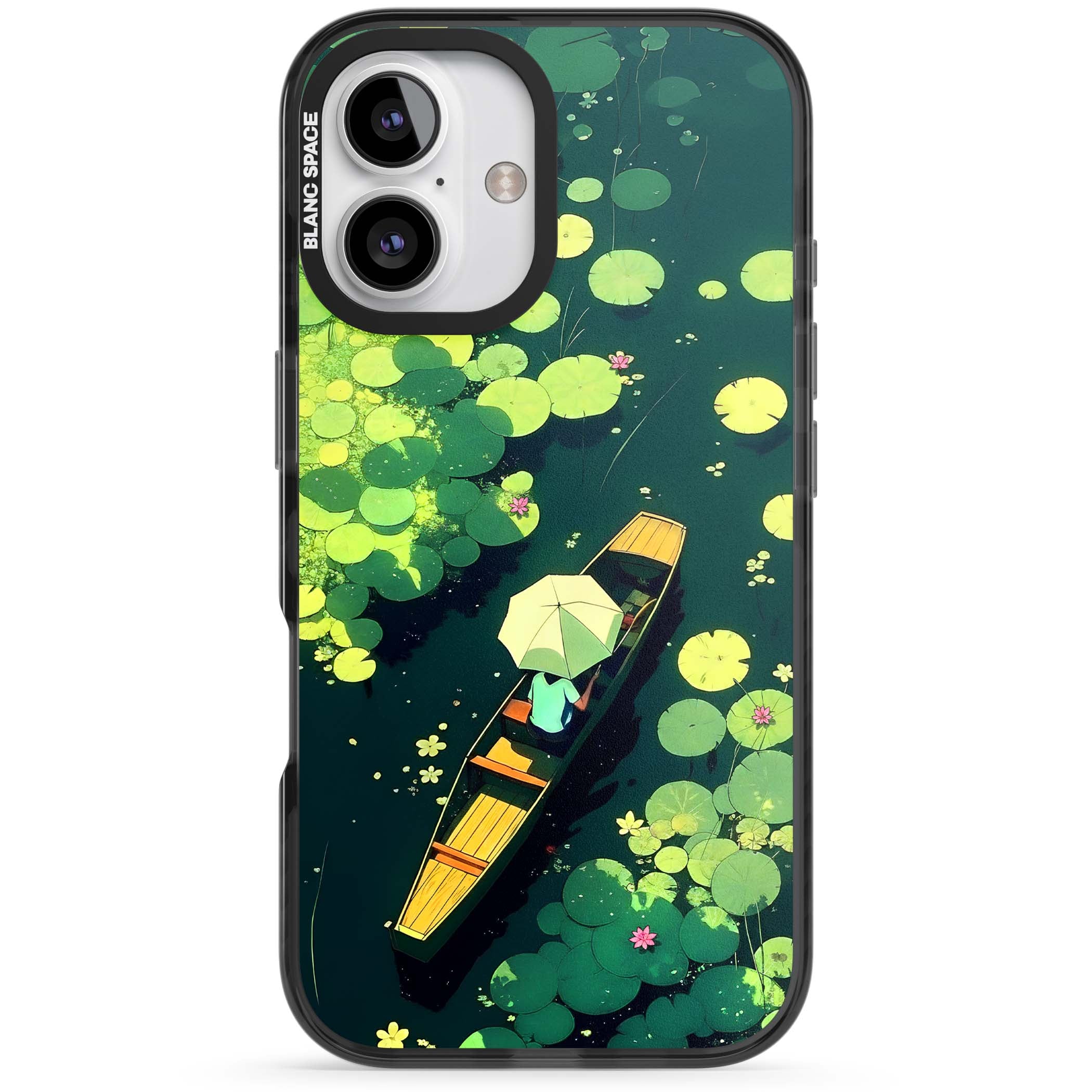 Jade Waters cottagecore iPhone case featuring a painted lily pond, wooden boat with parasol and floating water lilies | Black Impact case for iPhone 16, iPhone 16 Plus