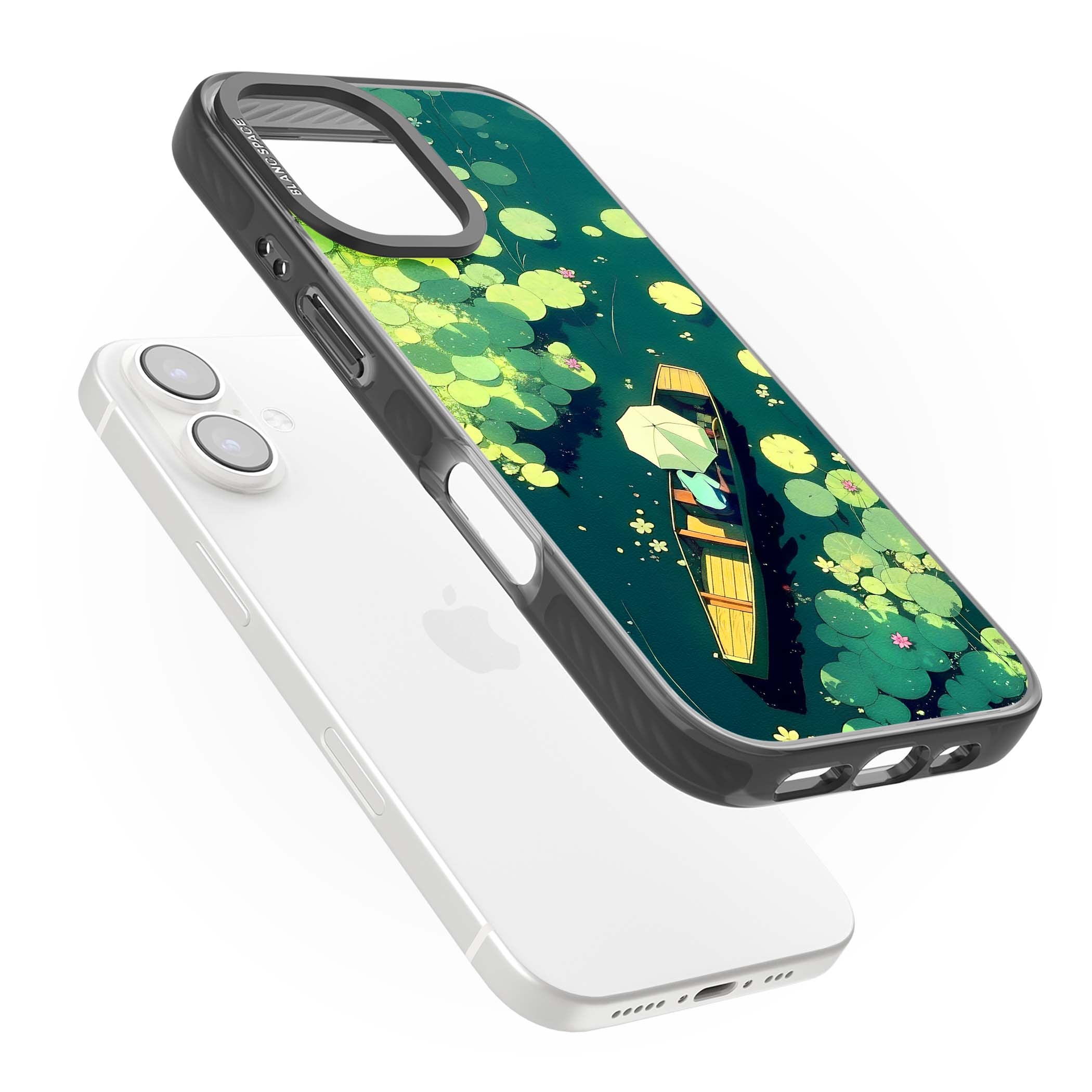 Jade Waters cottagecore iPhone case featuring a painted lily pond, wooden boat with parasol and floating water lilies | Black Impact case for iPhone 16, iPhone 16 Plus